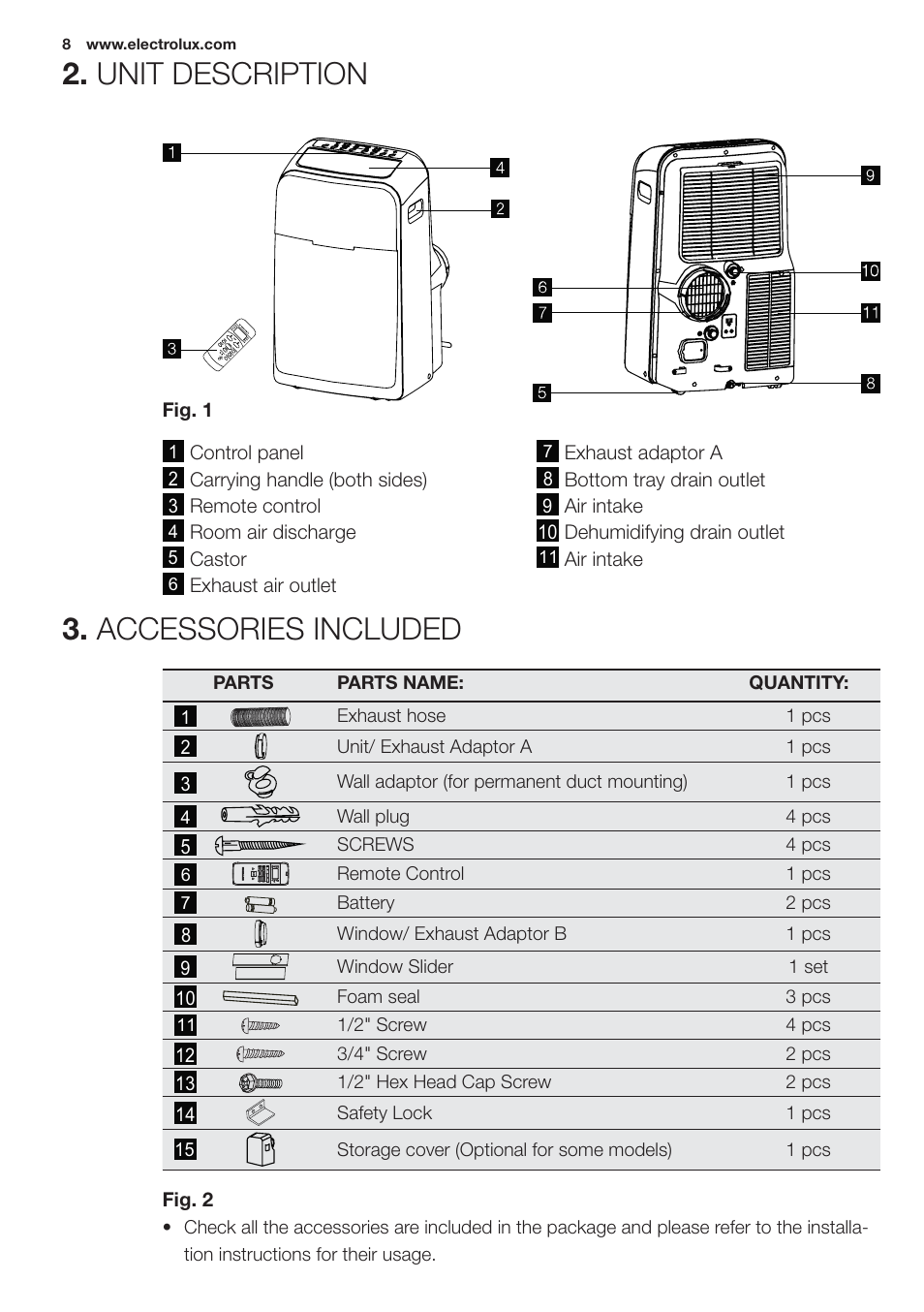 Unit description 3. accessories included | Electrolux EXP09HN1WI User Manual | Page 8 / 100