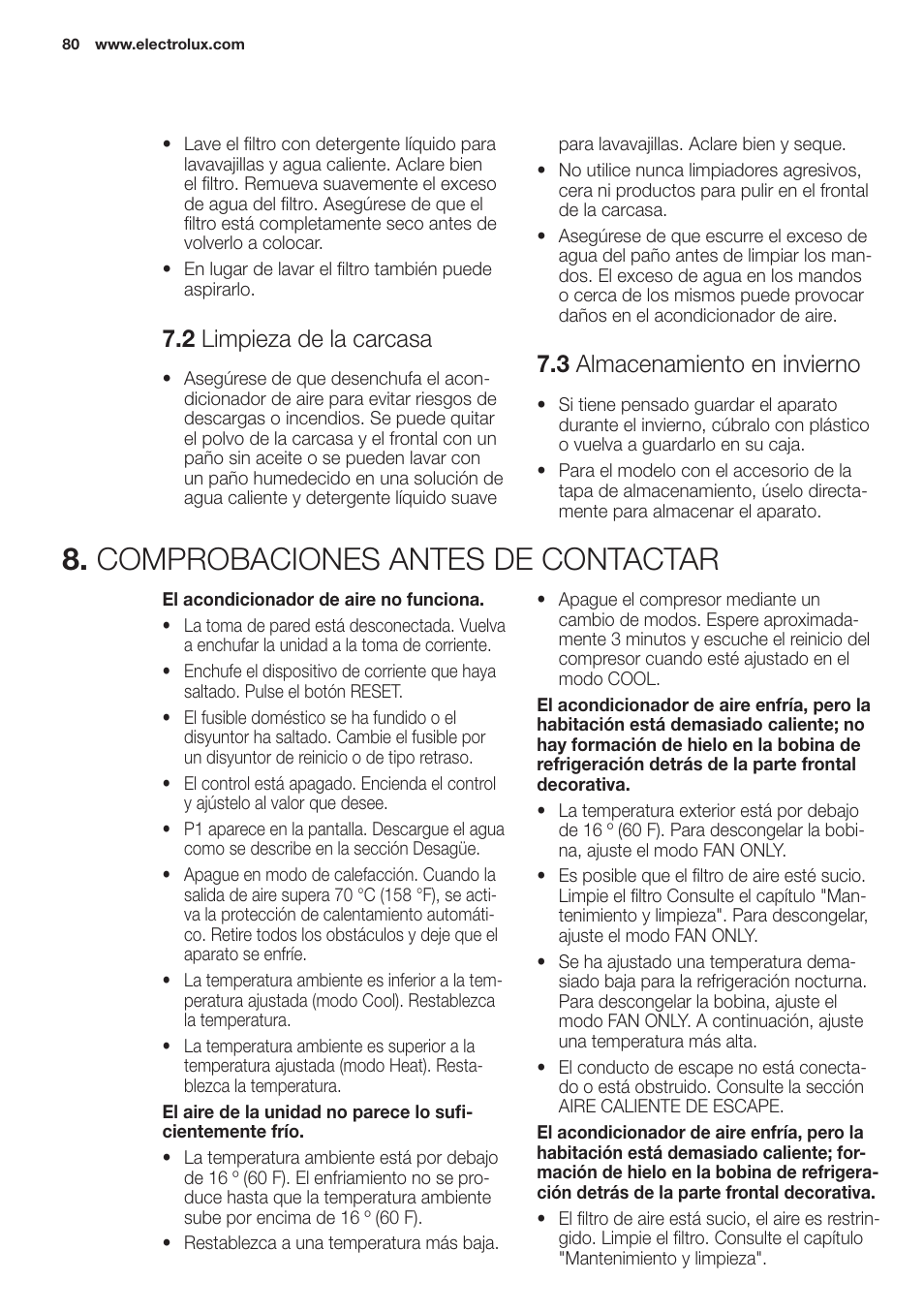 Comprobaciones antes de contactar, 2 limpieza de la carcasa, 3 almacenamiento en invierno | Electrolux EXP09HN1WI User Manual | Page 80 / 100