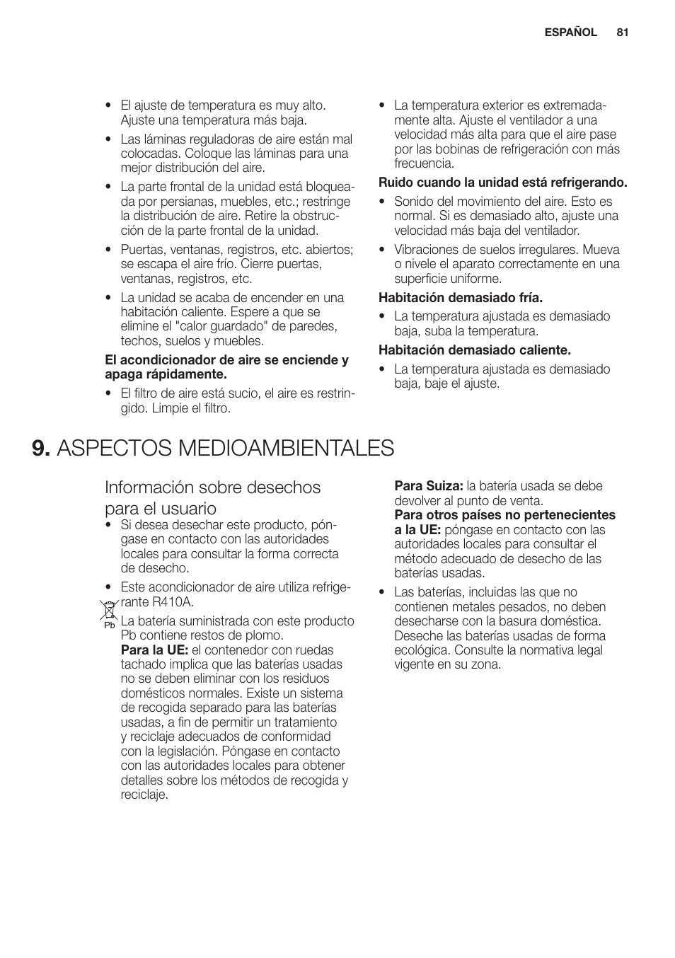 Aspectos medioambientales, Información sobre desechos para el usuario | Electrolux EXP09HN1WI User Manual | Page 81 / 100