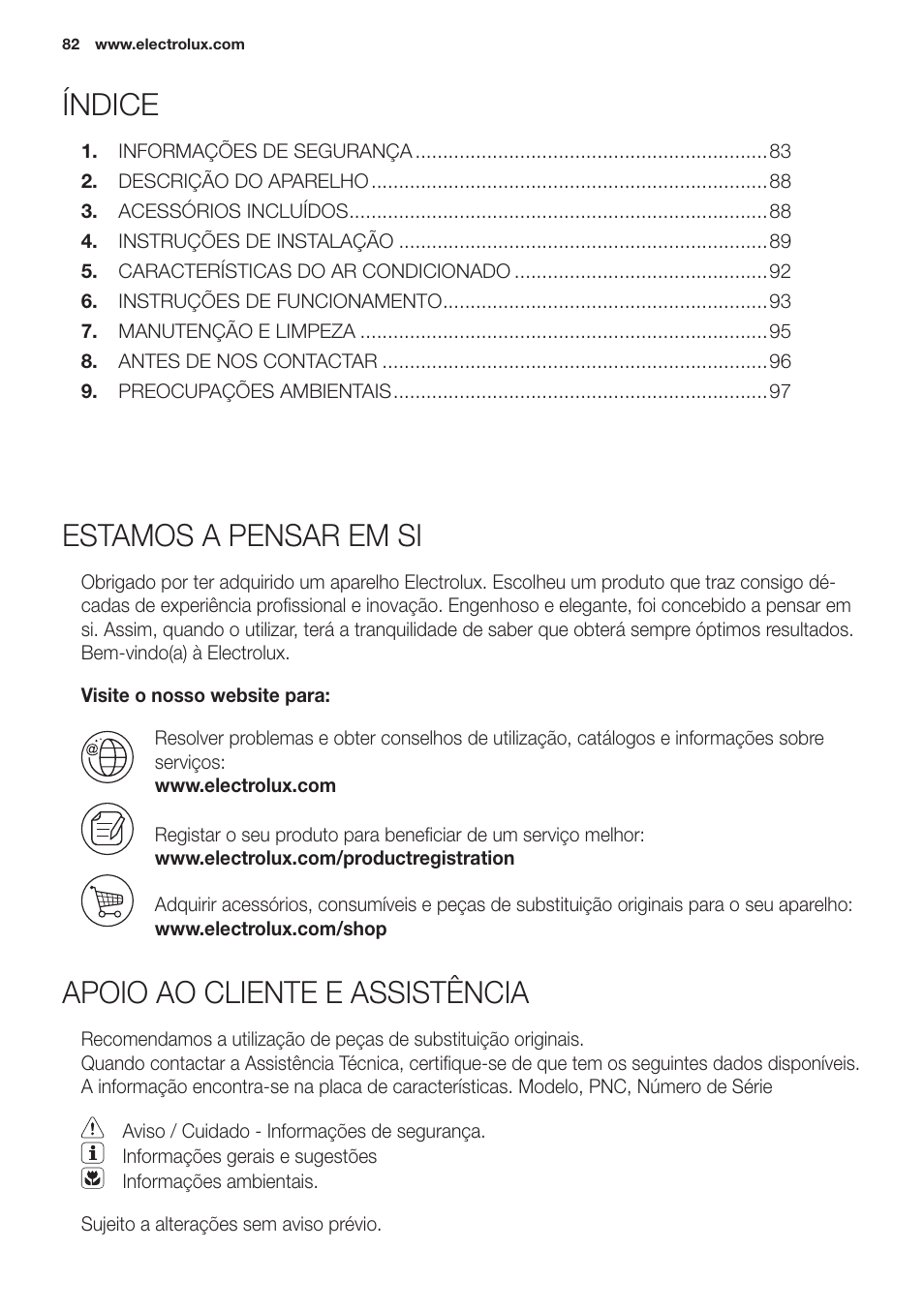 Estamos a pensar em si, Apoio ao cliente e assistência, Índice | Electrolux EXP09HN1WI User Manual | Page 82 / 100