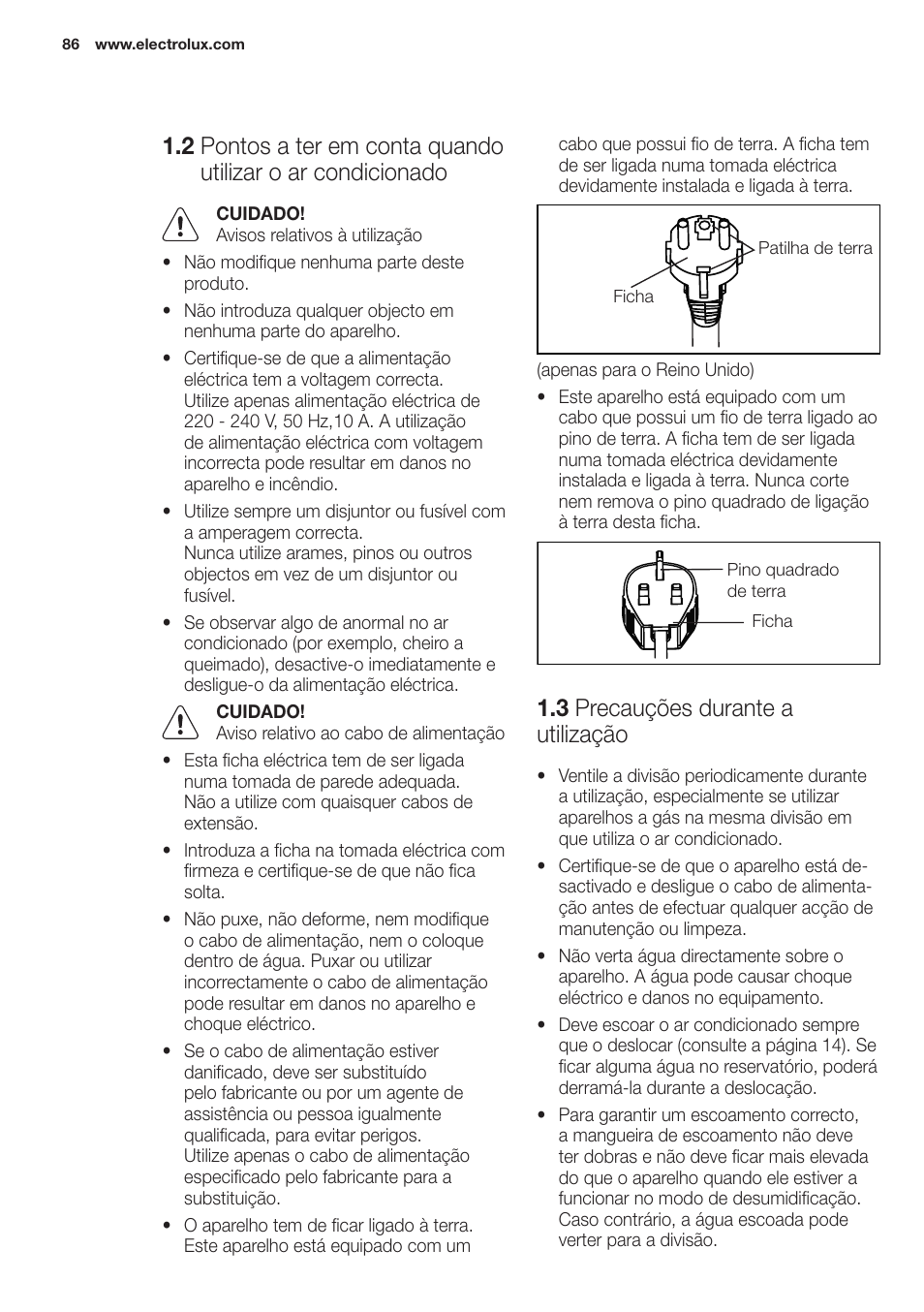 3 precauções durante a utilização | Electrolux EXP09HN1WI User Manual | Page 86 / 100