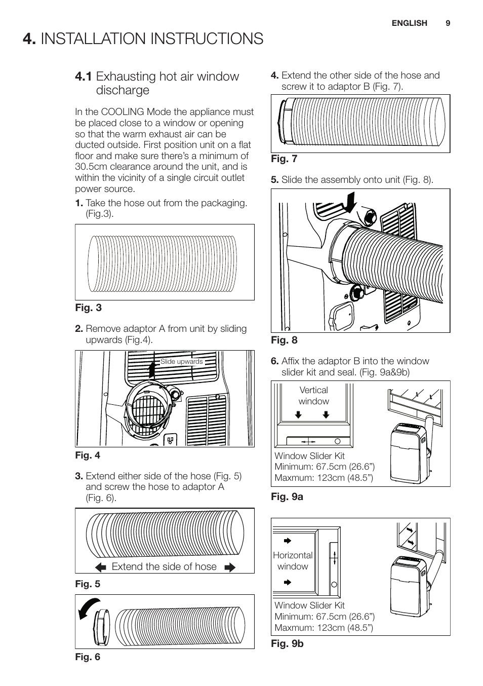 Installation instructions, 1 exhausting hot air window discharge | Electrolux EXP09HN1WI User Manual | Page 9 / 100