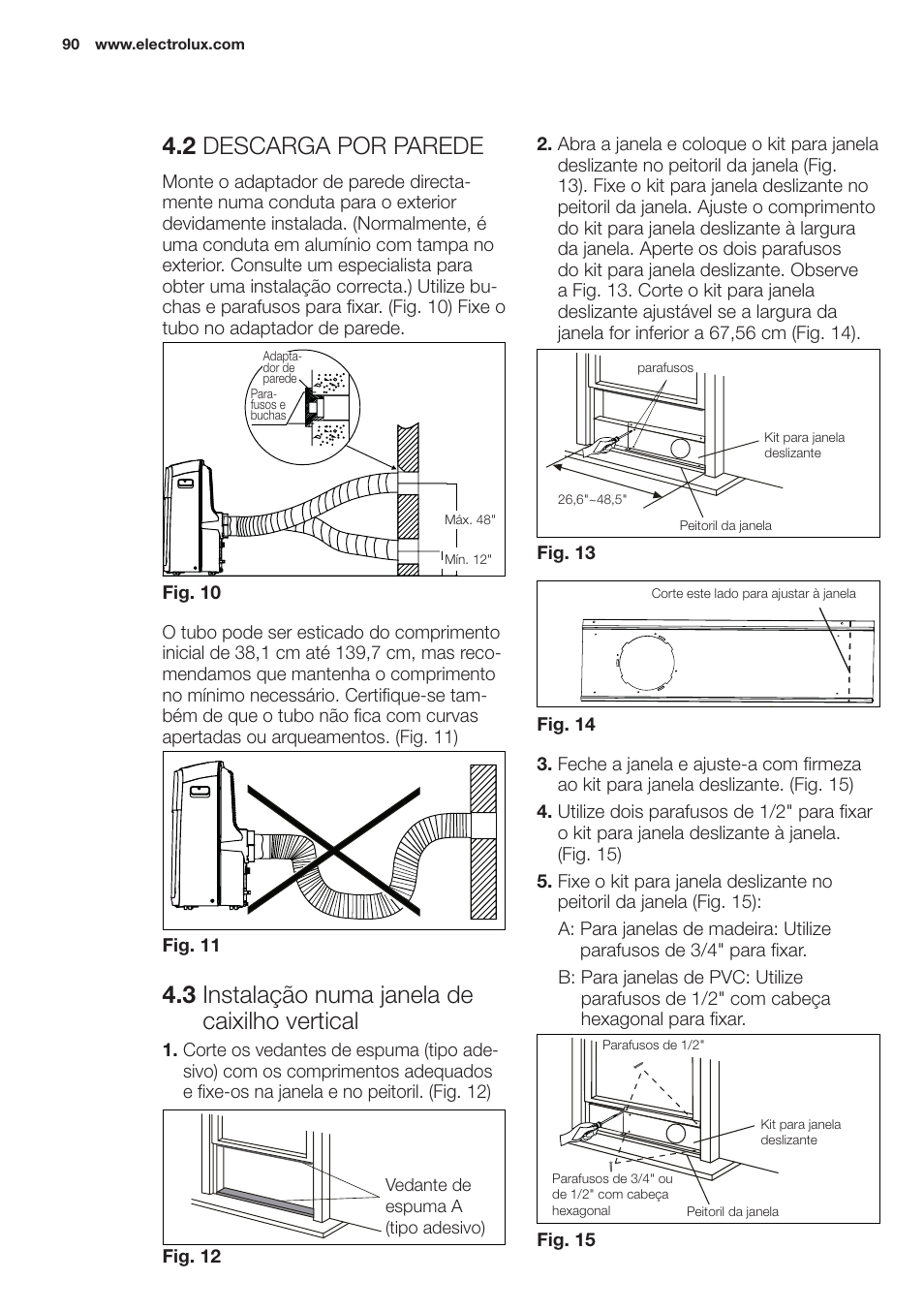 2 descarga por parede, 3 instalação numa janela de caixilho vertical | Electrolux EXP09HN1WI User Manual | Page 90 / 100