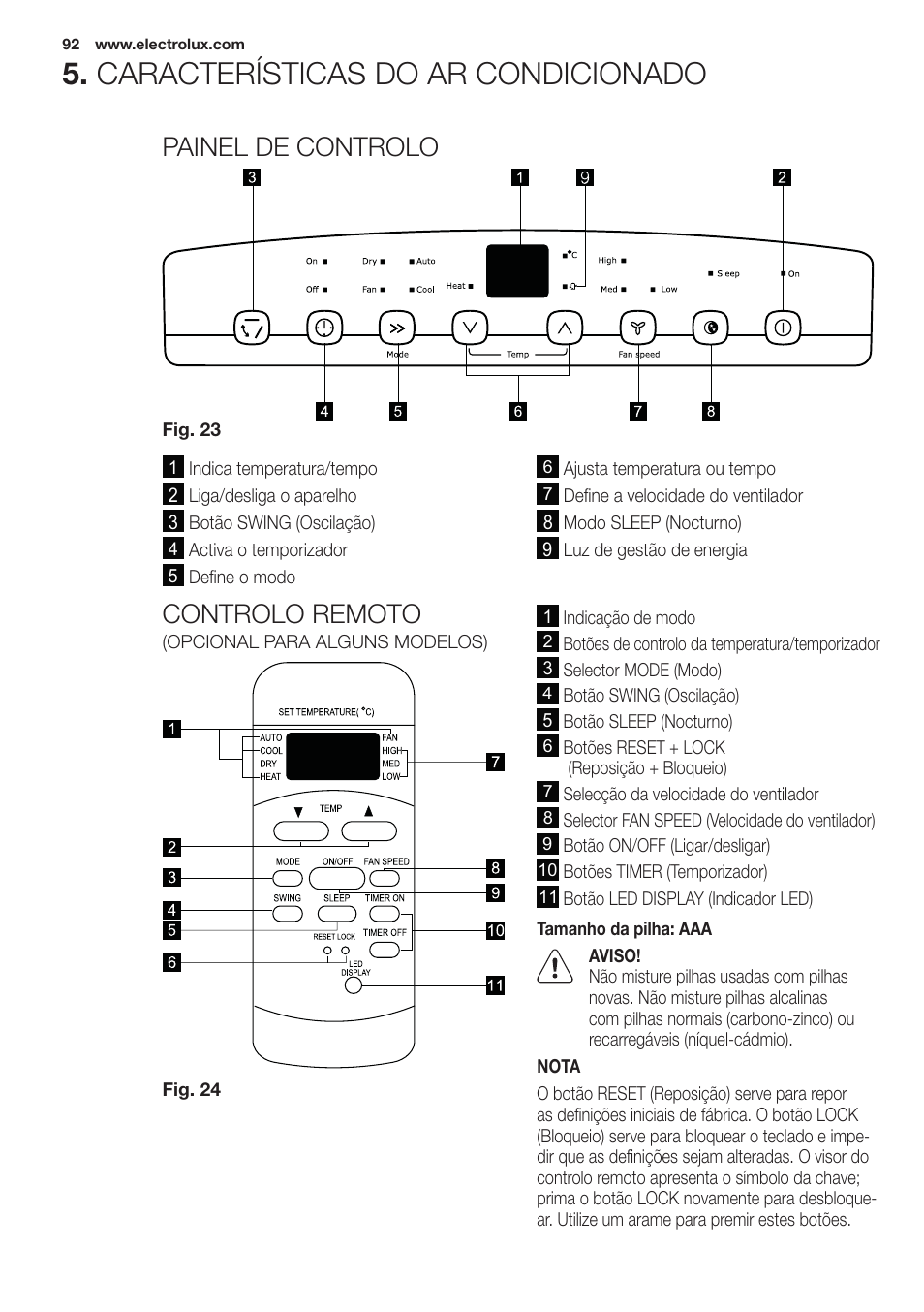 Características do ar condicionado, Painel de controlo, Controlo remoto | Electrolux EXP09HN1WI User Manual | Page 92 / 100