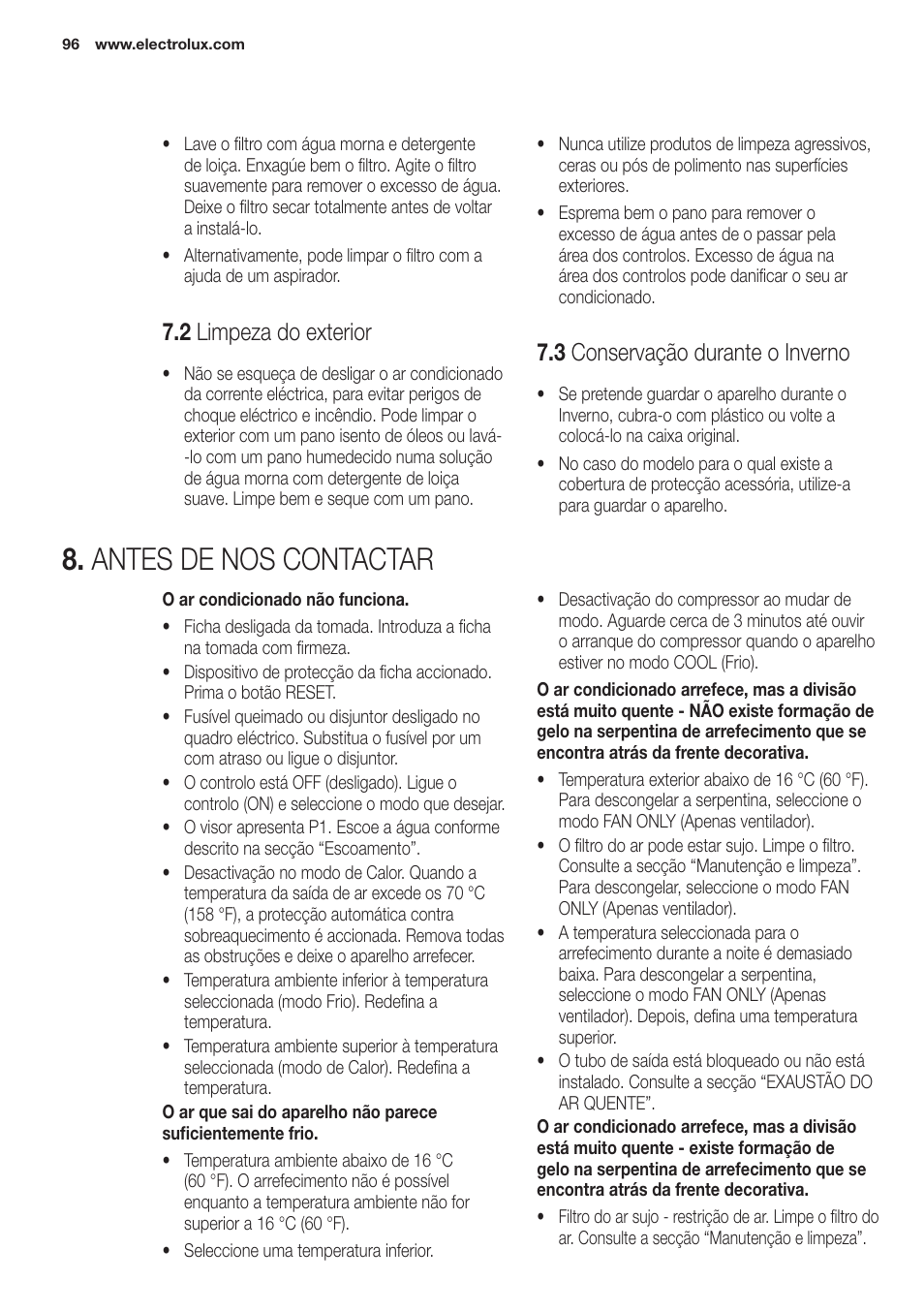 Antes de nos contactar, 2 limpeza do exterior, 3 conservação durante o inverno | Electrolux EXP09HN1WI User Manual | Page 96 / 100