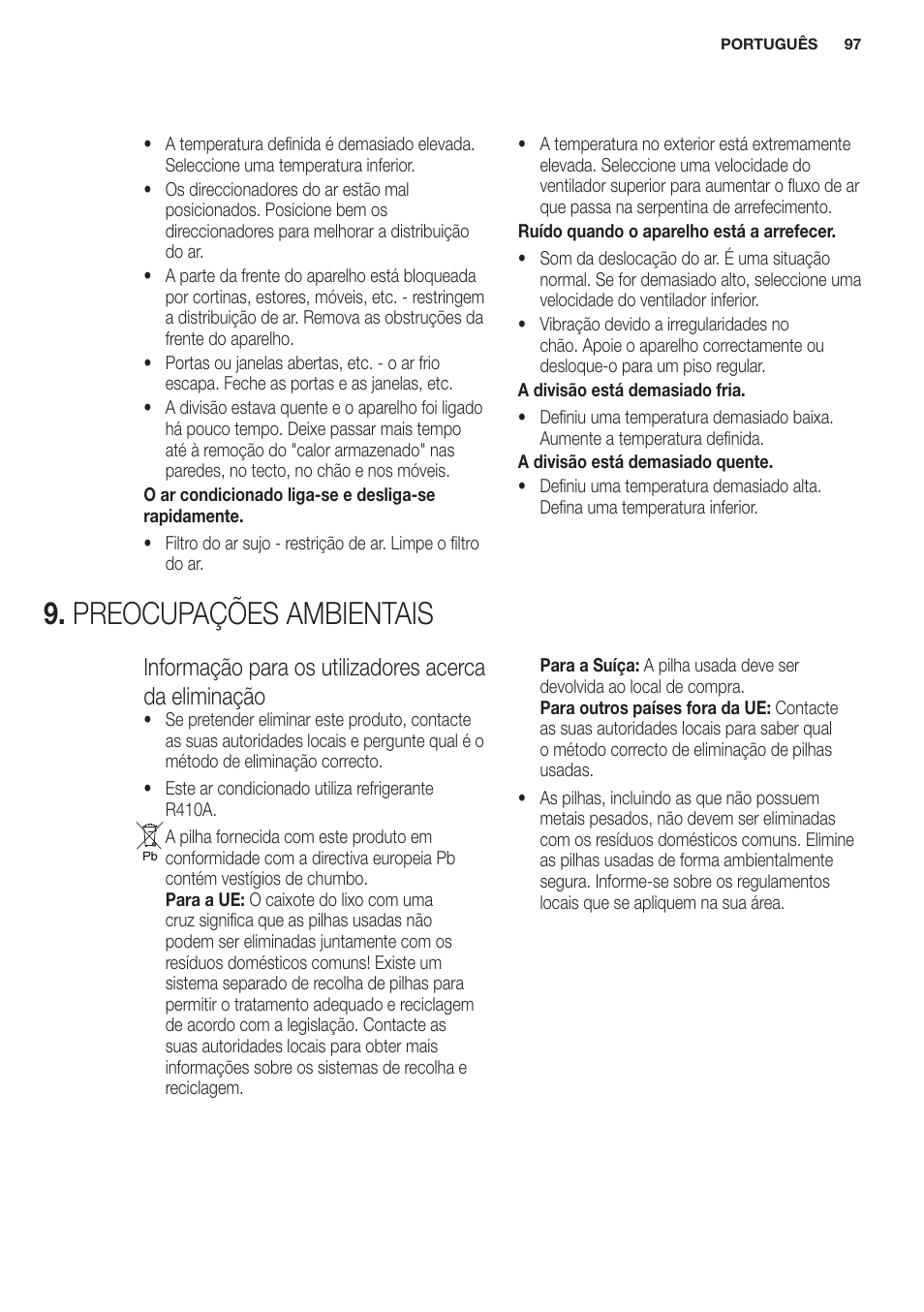 Preocupações ambientais | Electrolux EXP09HN1WI User Manual | Page 97 / 100