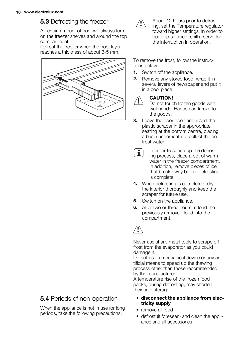 3 defrosting the freezer, 4 periods of non-operation | Electrolux ENN2914AOW User Manual | Page 10 / 44