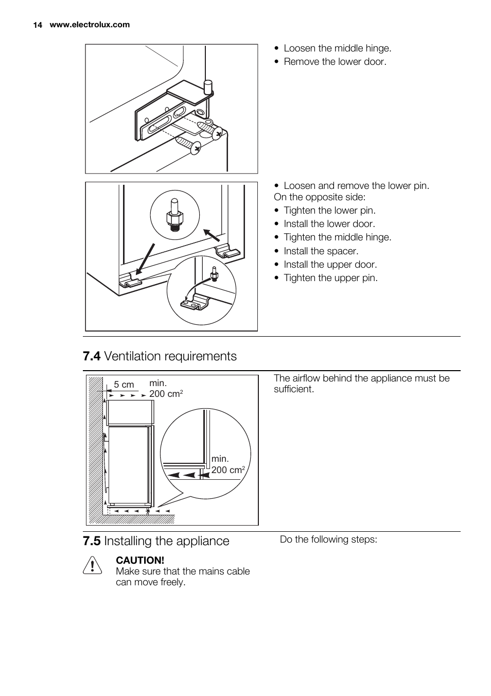 4 ventilation requirements, 5 installing the appliance | Electrolux ENN2914AOW User Manual | Page 14 / 44