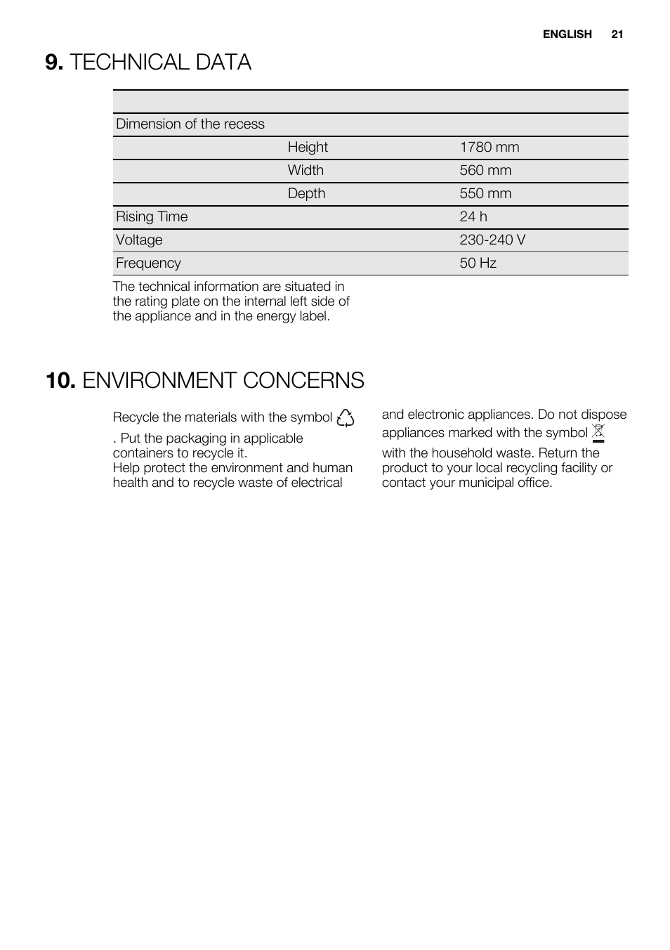 Technical data, Environment concerns | Electrolux ENN2914AOW User Manual | Page 21 / 44