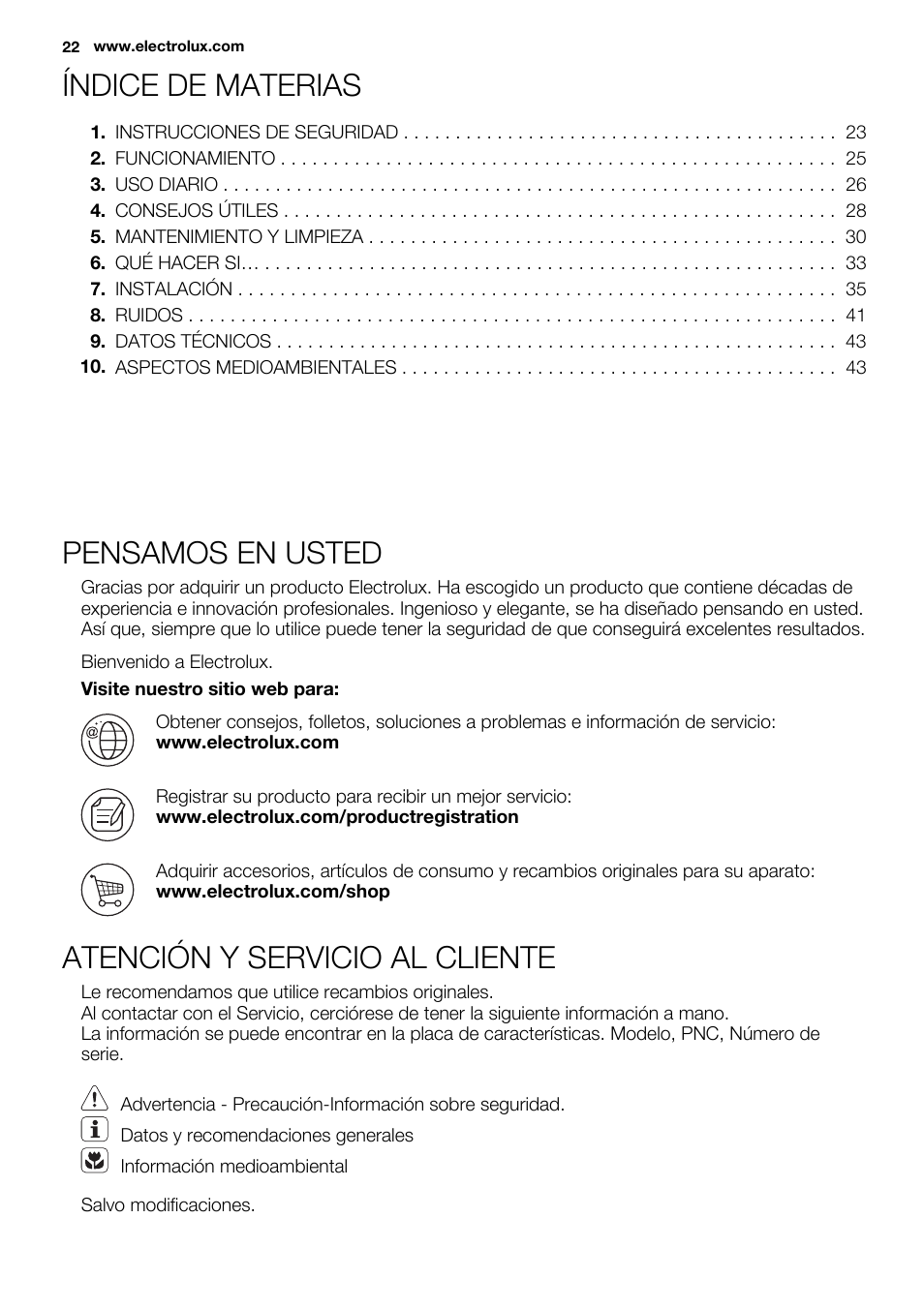 Índice de materias, Pensamos en usted, Atención y servicio al cliente | Electrolux ENN2914AOW User Manual | Page 22 / 44