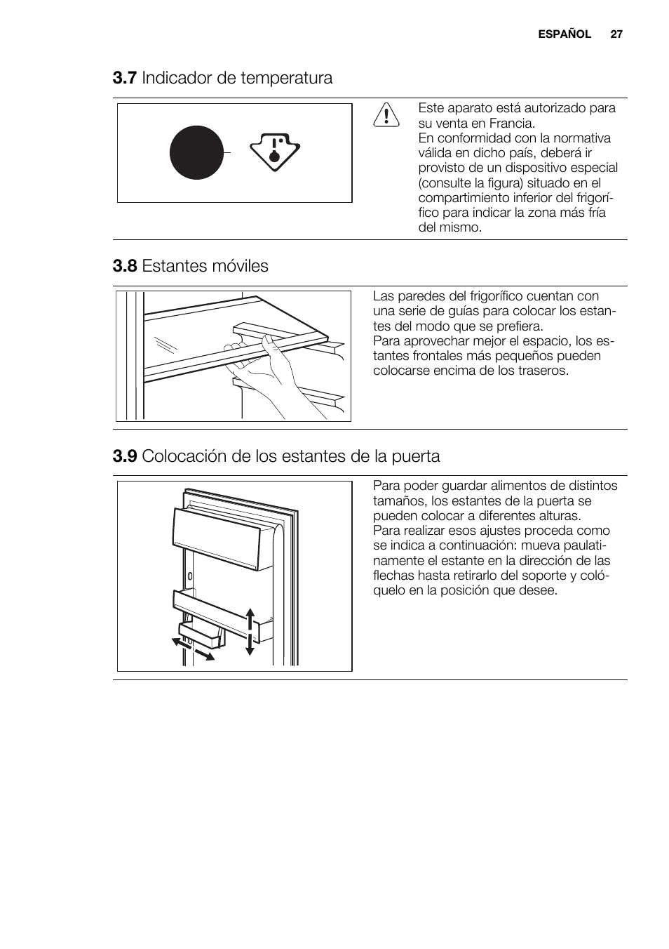 7 indicador de temperatura, 8 estantes móviles, 9 colocación de los estantes de la puerta | Electrolux ENN2914AOW User Manual | Page 27 / 44