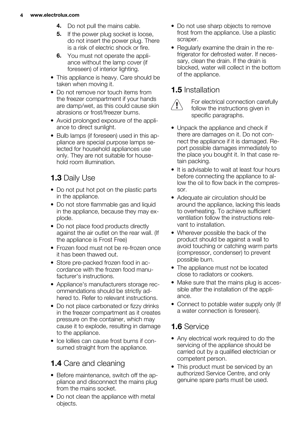 3 daily use, 4 care and cleaning, 5 installation | 6 service | Electrolux ENN2914AOW User Manual | Page 4 / 44