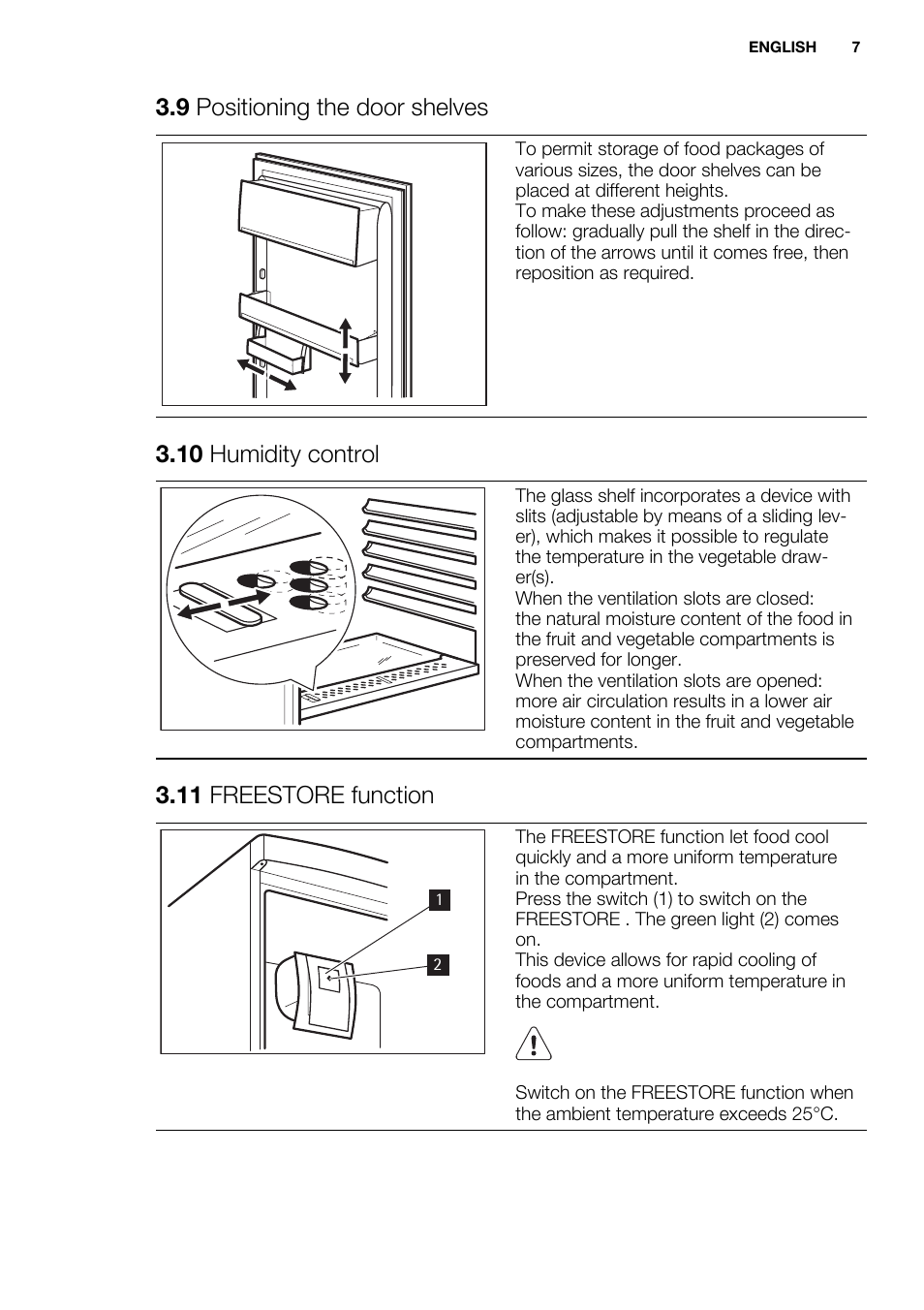 9 positioning the door shelves, 10 humidity control, 11 freestore function | Electrolux ENN2914AOW User Manual | Page 7 / 44