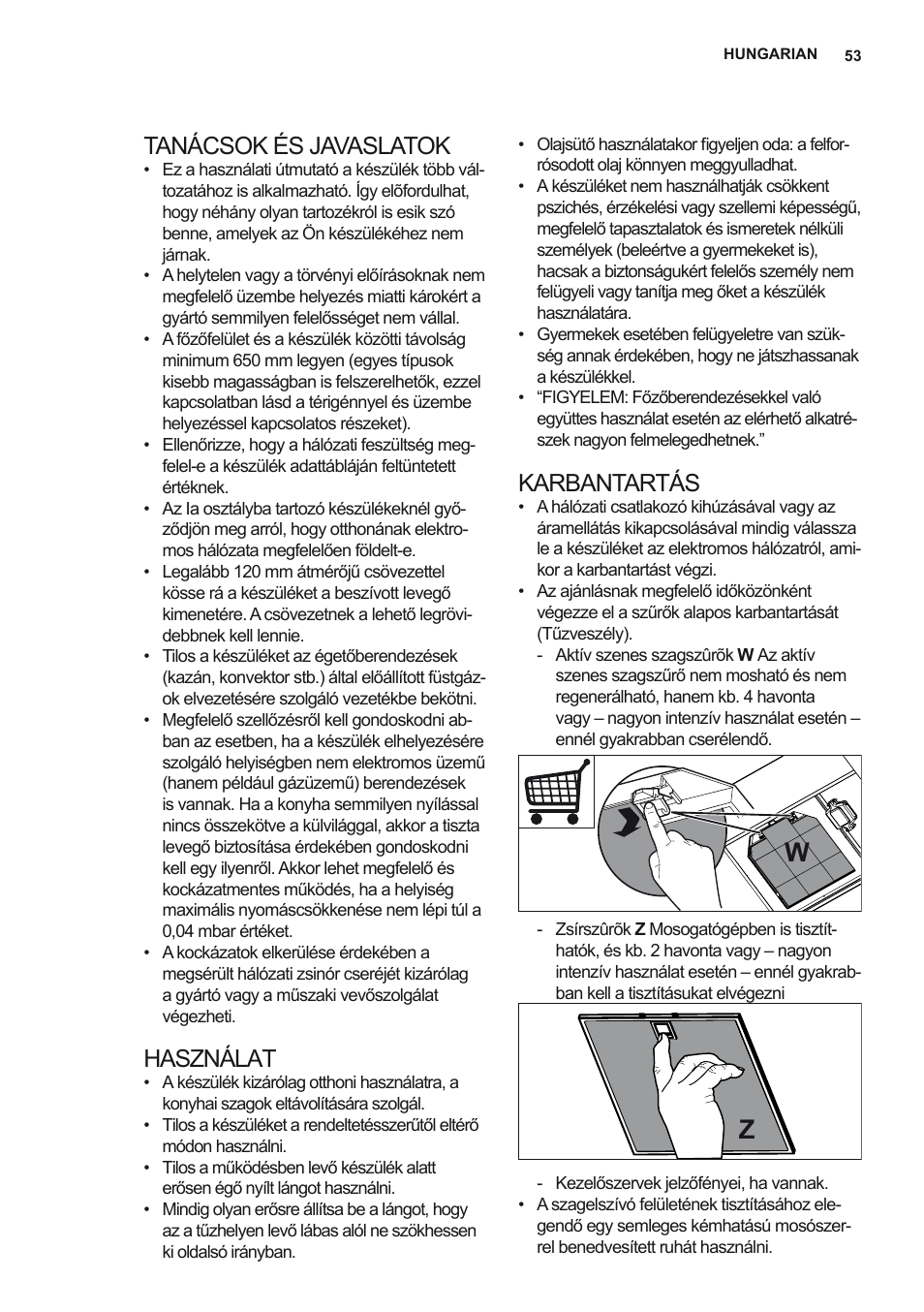 Tanácsok és javaslatok, Használat, Karbantartás | Electrolux EFL12680BX User Manual | Page 53 / 56