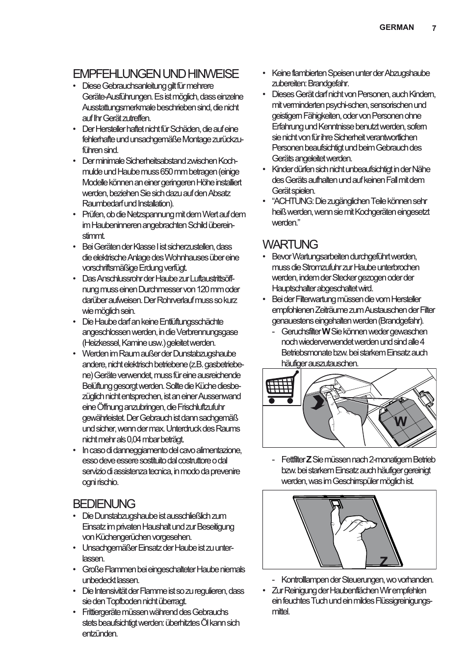 Empfehlungen und hinweise, Bedienung, Wartung | Electrolux EFL12680BX User Manual | Page 7 / 56