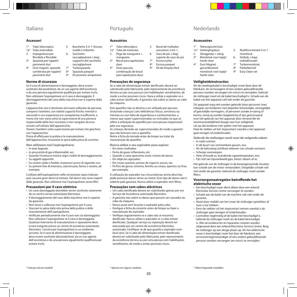 Italiano, Português, Nederlands | Electrolux ZEG301 User Manual | Page 33 / 76