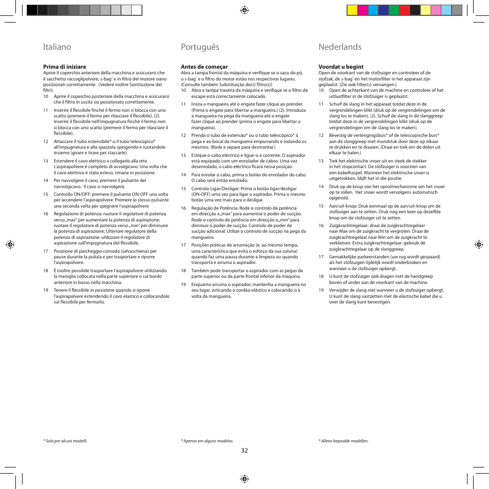 Italiano, Português, Nederlands | Electrolux ZEG301 User Manual | Page 35 / 76