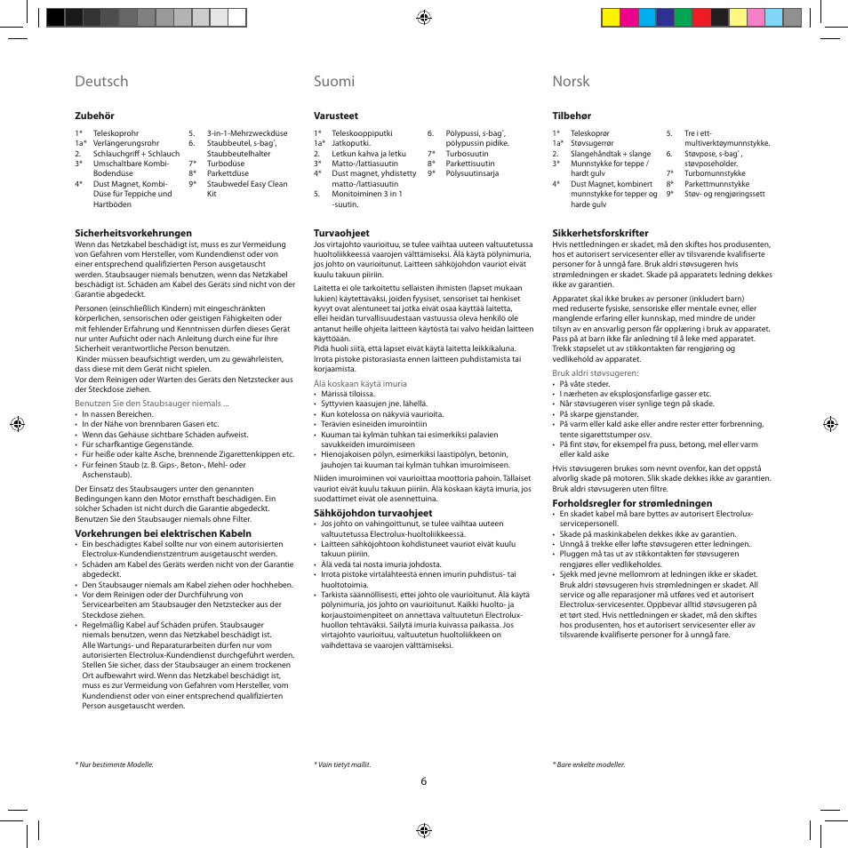 Deutsch, Suomi, Norsk | Electrolux ZEG301 User Manual | Page 9 / 76