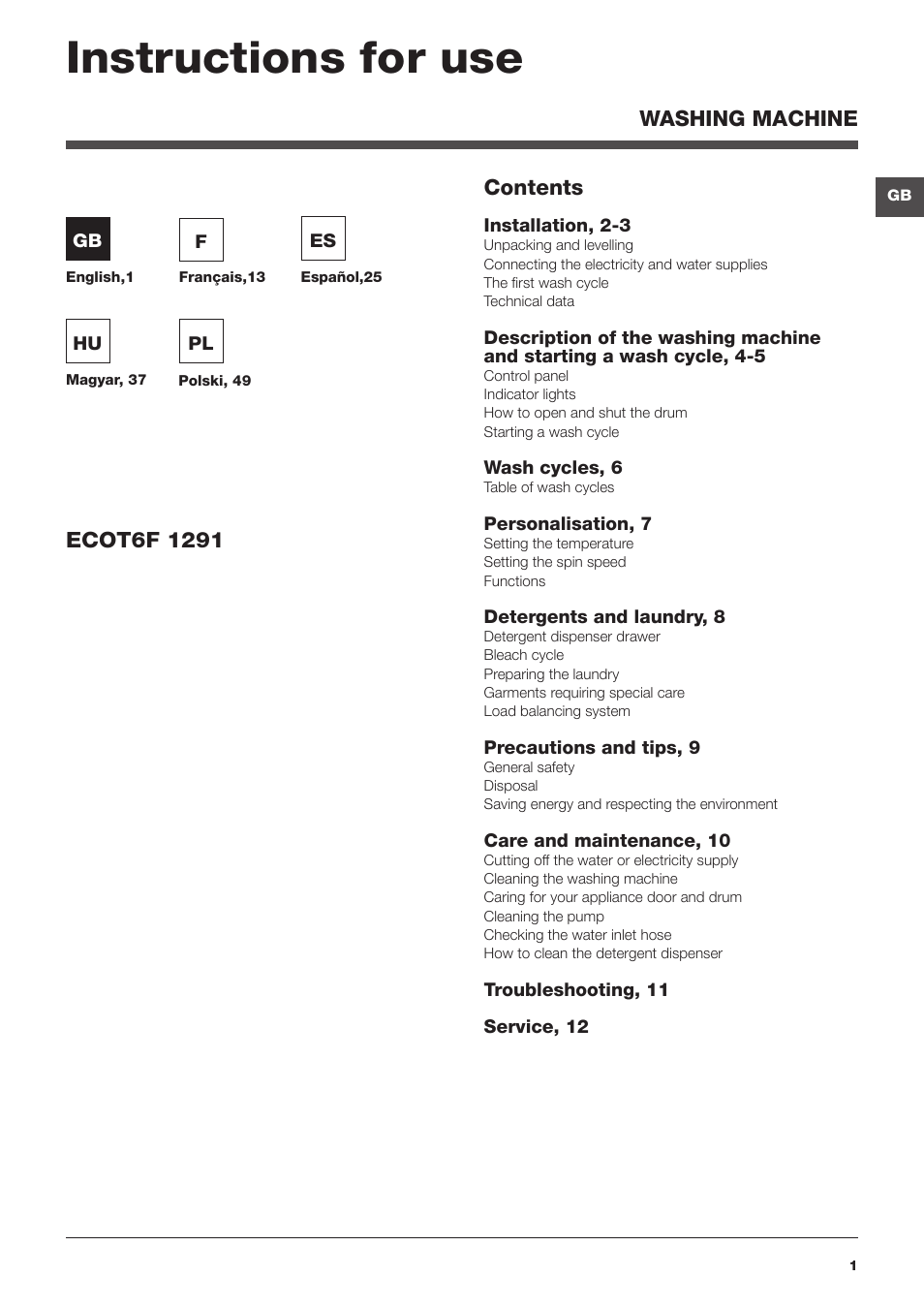 Hotpoint Ariston Top loading ECOT6F 1291 (EU) User Manual | 60 pages