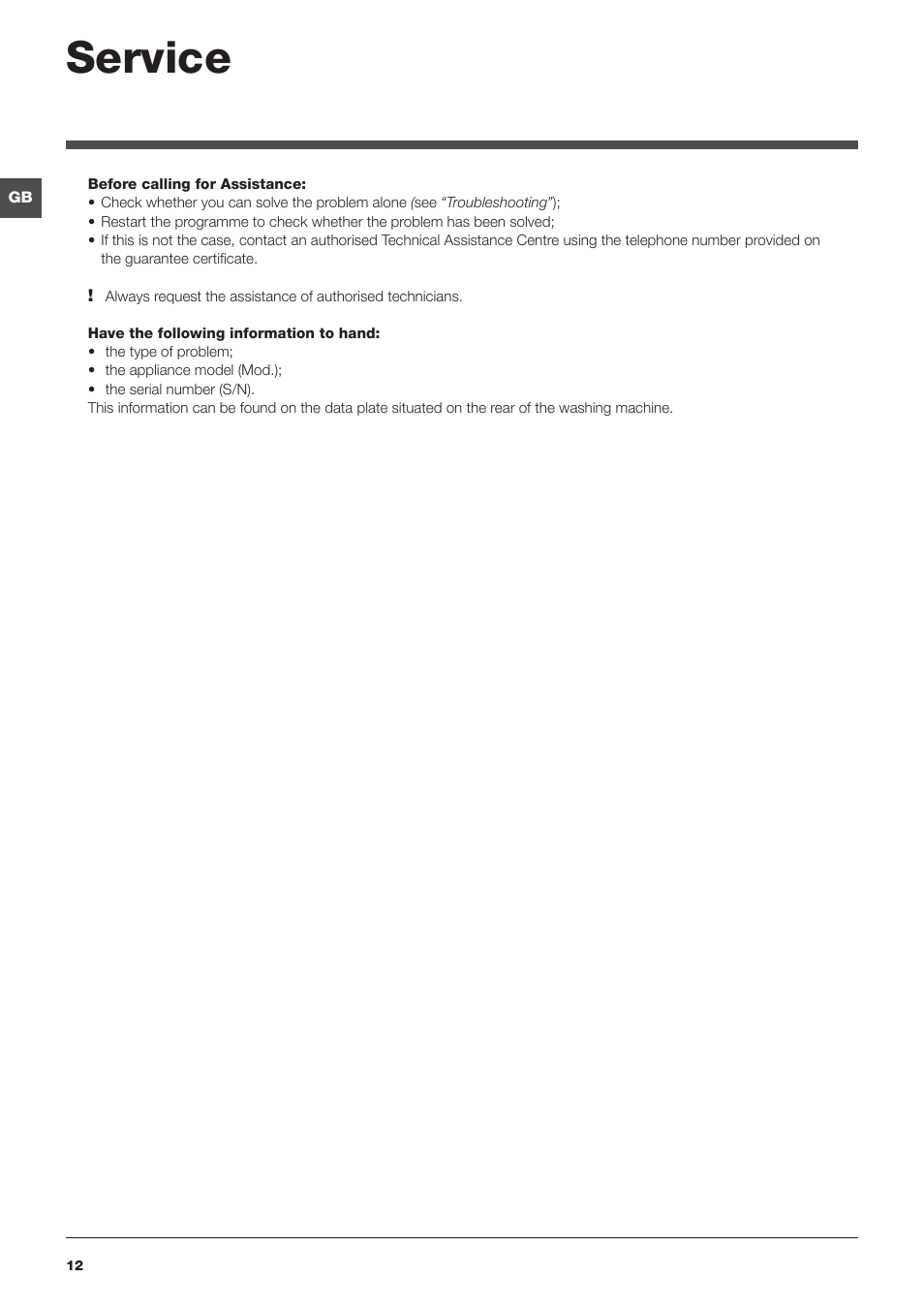 Service | Hotpoint Ariston Top loading ECOT6F 1291 (EU) User Manual | Page 12 / 60