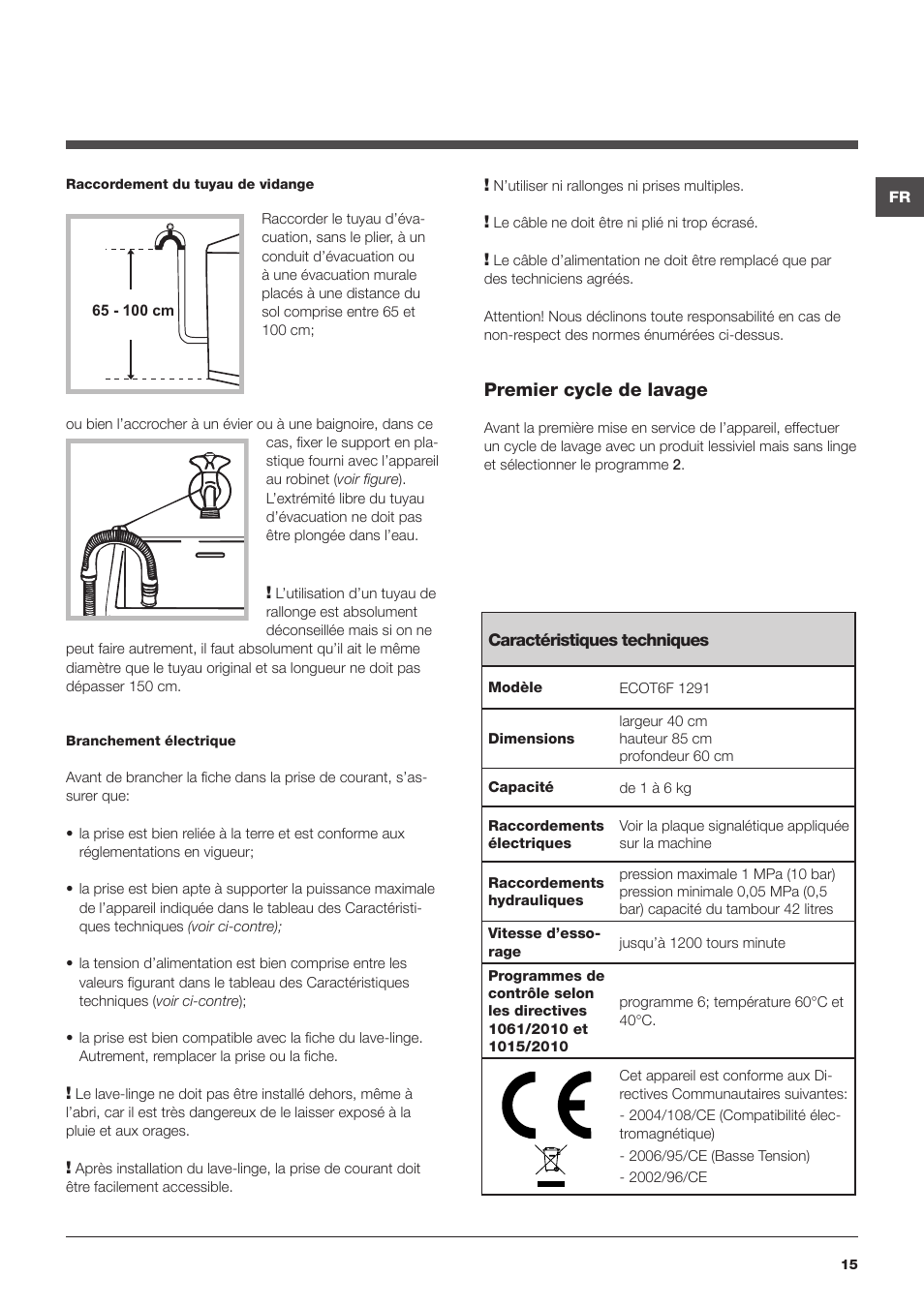 Premier cycle de lavage | Hotpoint Ariston Top loading ECOT6F 1291 (EU) User Manual | Page 15 / 60