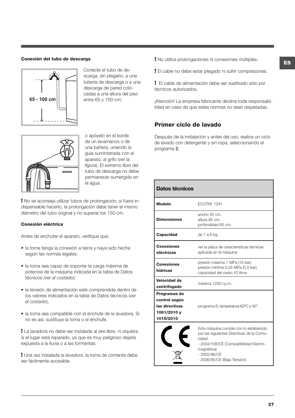 Primer ciclo de lavado | Hotpoint Ariston Top loading ECOT6F 1291 (EU) User Manual | Page 27 / 60