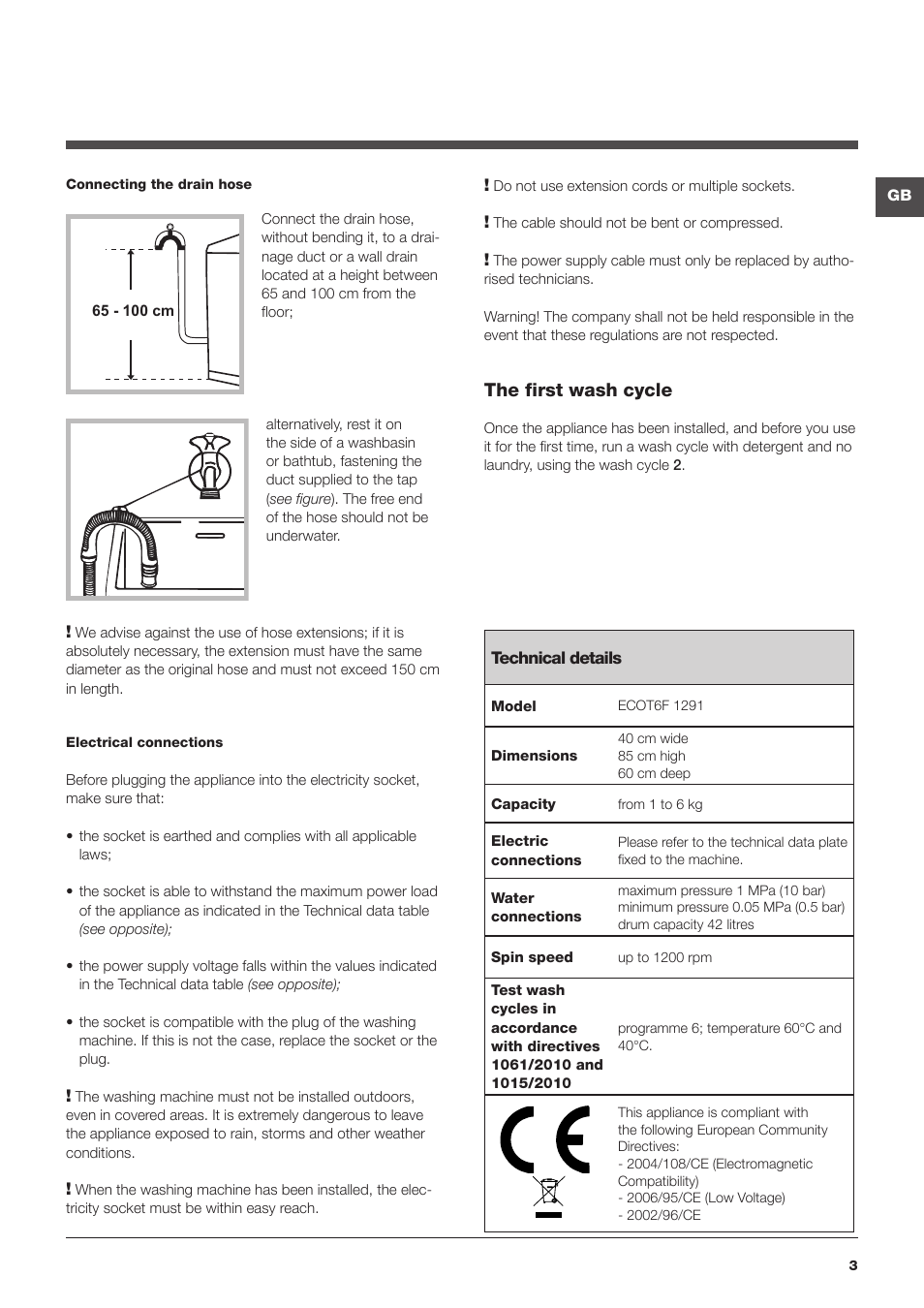 The first wash cycle | Hotpoint Ariston Top loading ECOT6F 1291 (EU) User Manual | Page 3 / 60