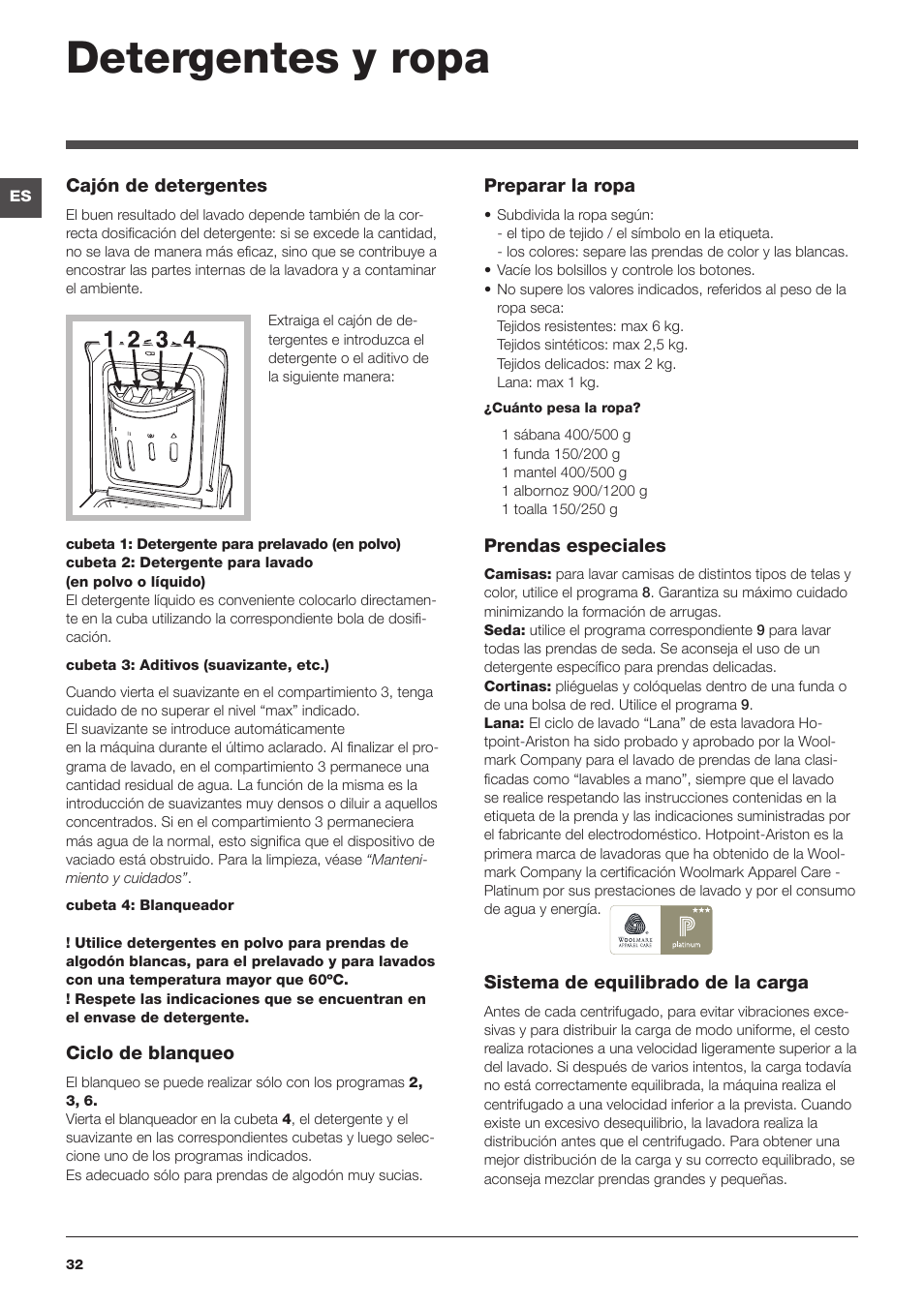 Detergentes y ropa | Hotpoint Ariston Top loading ECOT6F 1291 (EU) User Manual | Page 32 / 60