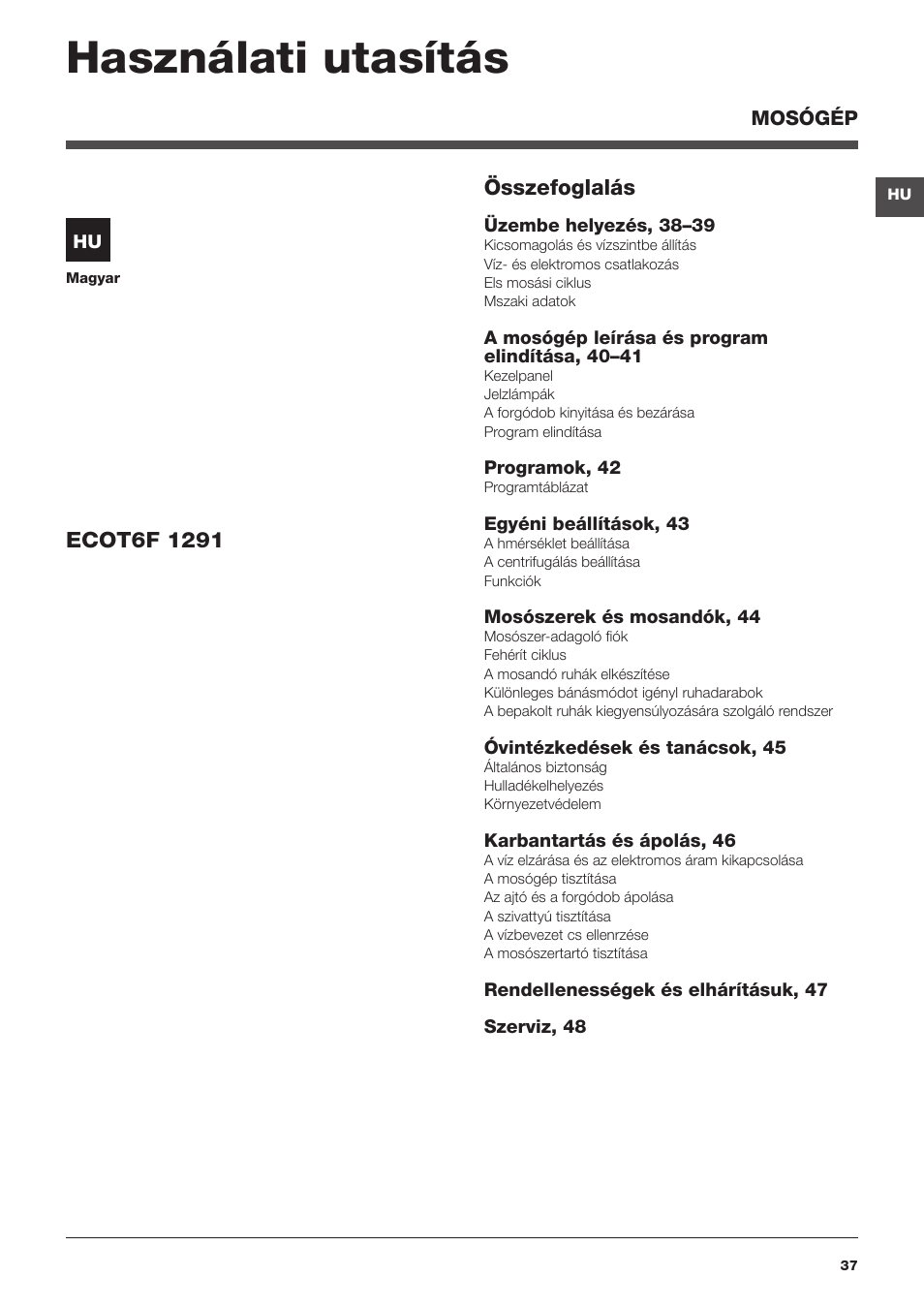 Használati utasítás | Hotpoint Ariston Top loading ECOT6F 1291 (EU) User Manual | Page 37 / 60