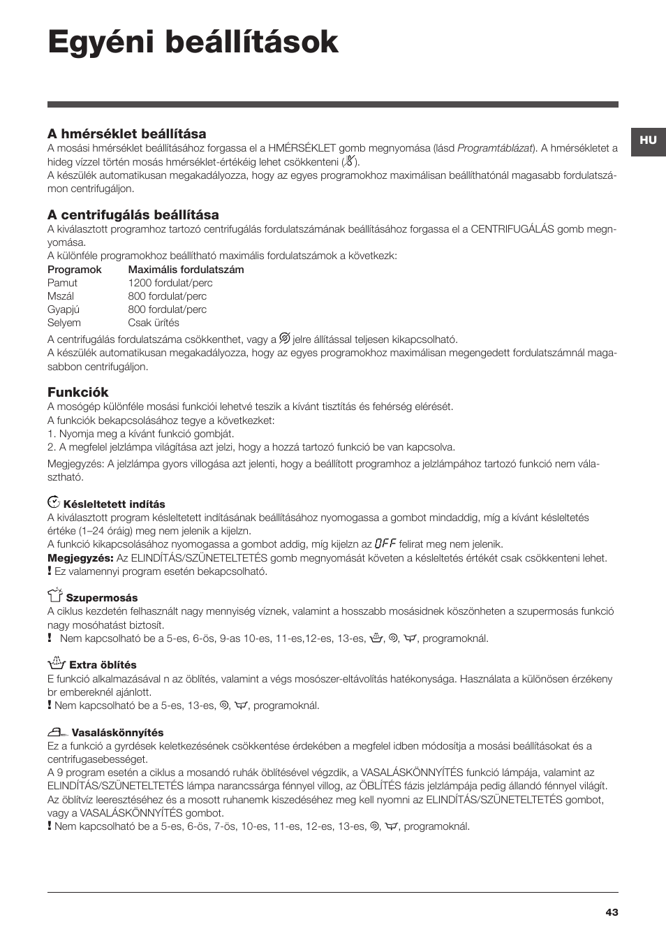 Egyéni beállítások | Hotpoint Ariston Top loading ECOT6F 1291 (EU) User Manual | Page 43 / 60