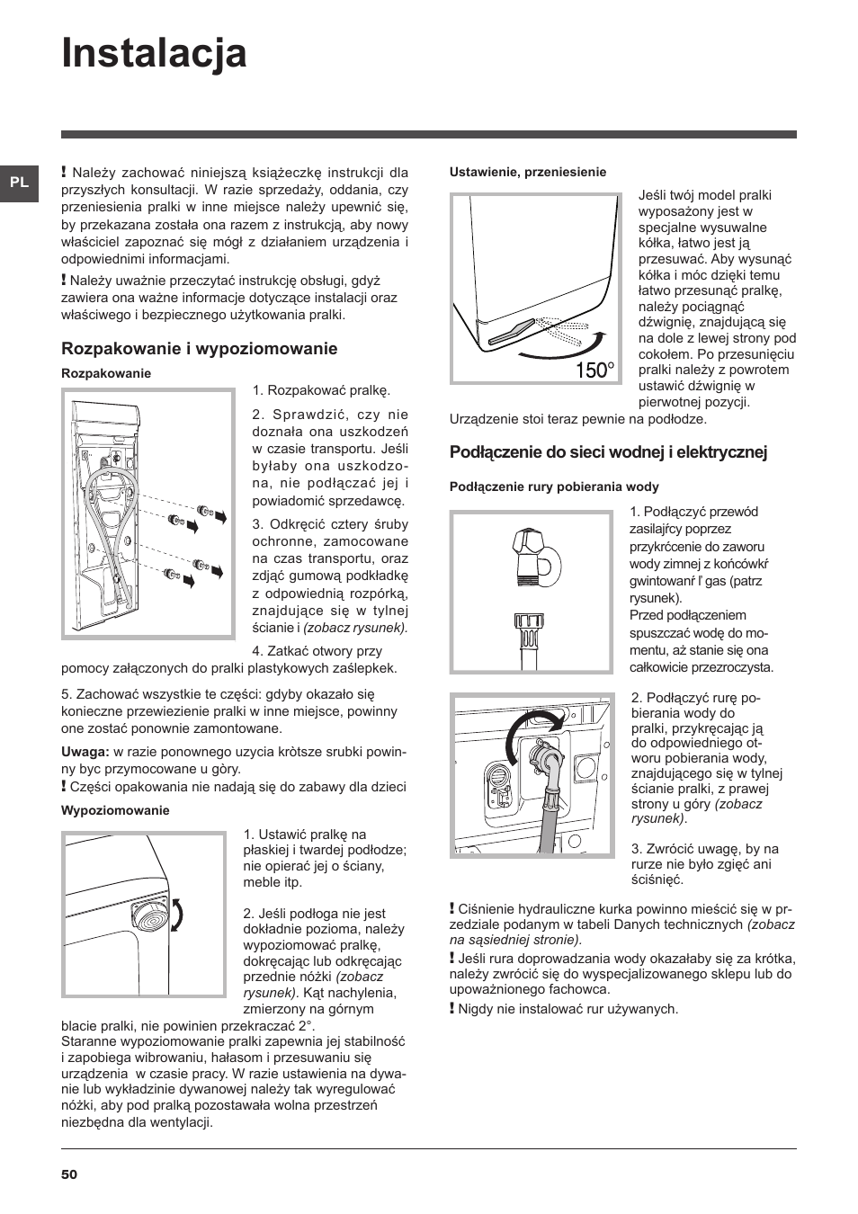 Instalacja, Rozpakowanie i wypoziomowanie, Podłączenie do sieci wodnej i elektrycznej | Hotpoint Ariston Top loading ECOT6F 1291 (EU) User Manual | Page 50 / 60