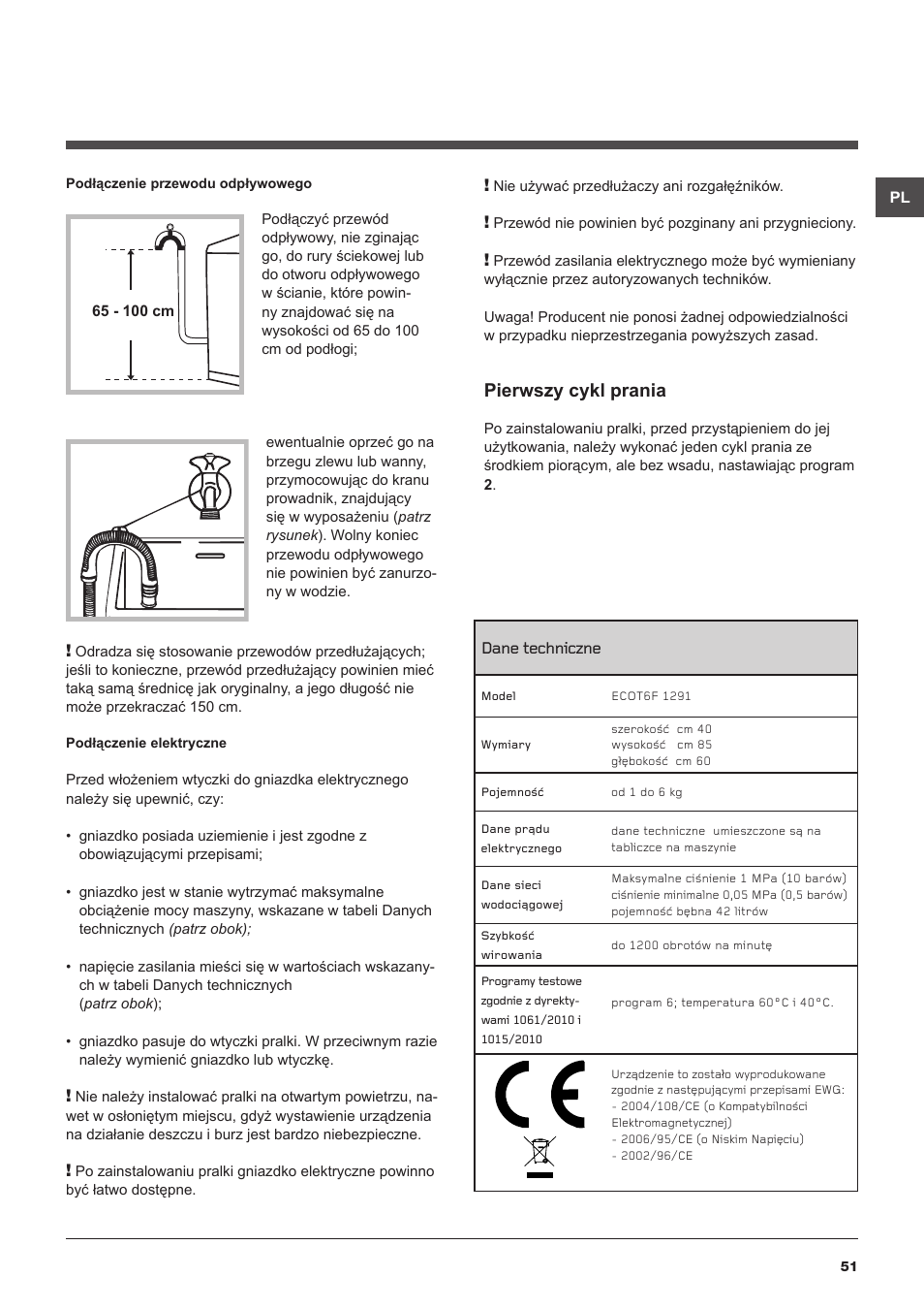 Pierwszy cykl prania | Hotpoint Ariston Top loading ECOT6F 1291 (EU) User Manual | Page 51 / 60