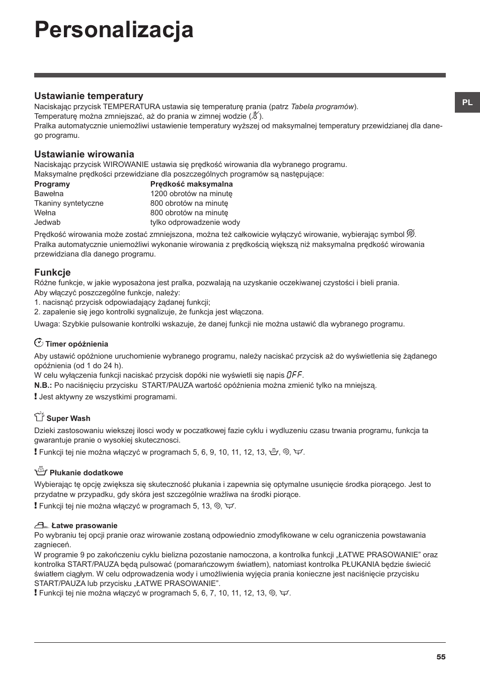 Personalizacja, Ustawianie temperatury, Ustawianie wirowania | Funkcje | Hotpoint Ariston Top loading ECOT6F 1291 (EU) User Manual | Page 55 / 60