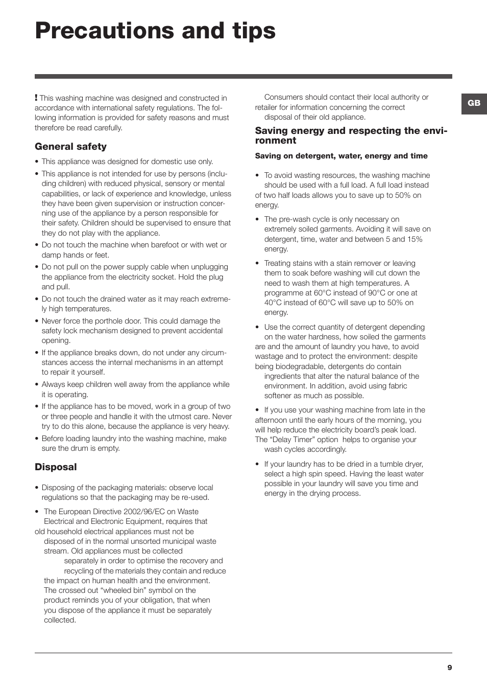 Precautions and tips | Hotpoint Ariston Top loading ECOT6F 1291 (EU) User Manual | Page 9 / 60