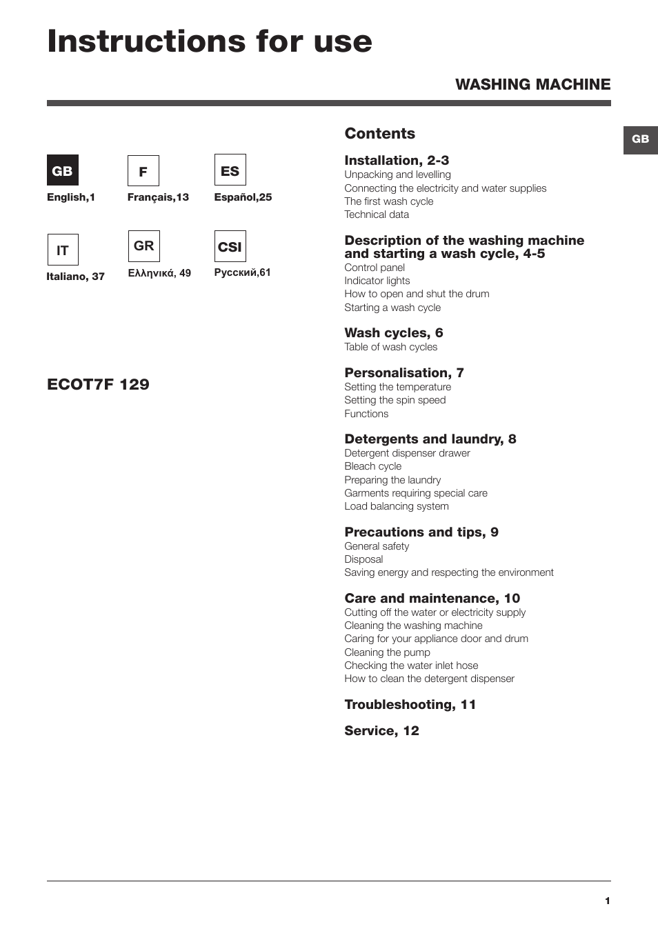 Hotpoint Ariston Top loading ECOT7F 129 (EU) User Manual | 72 pages