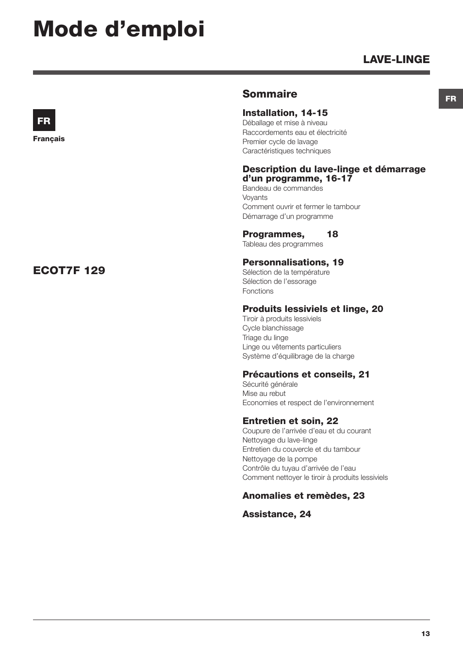 Mode d’emploi | Hotpoint Ariston Top loading ECOT7F 129 (EU) User Manual | Page 13 / 72