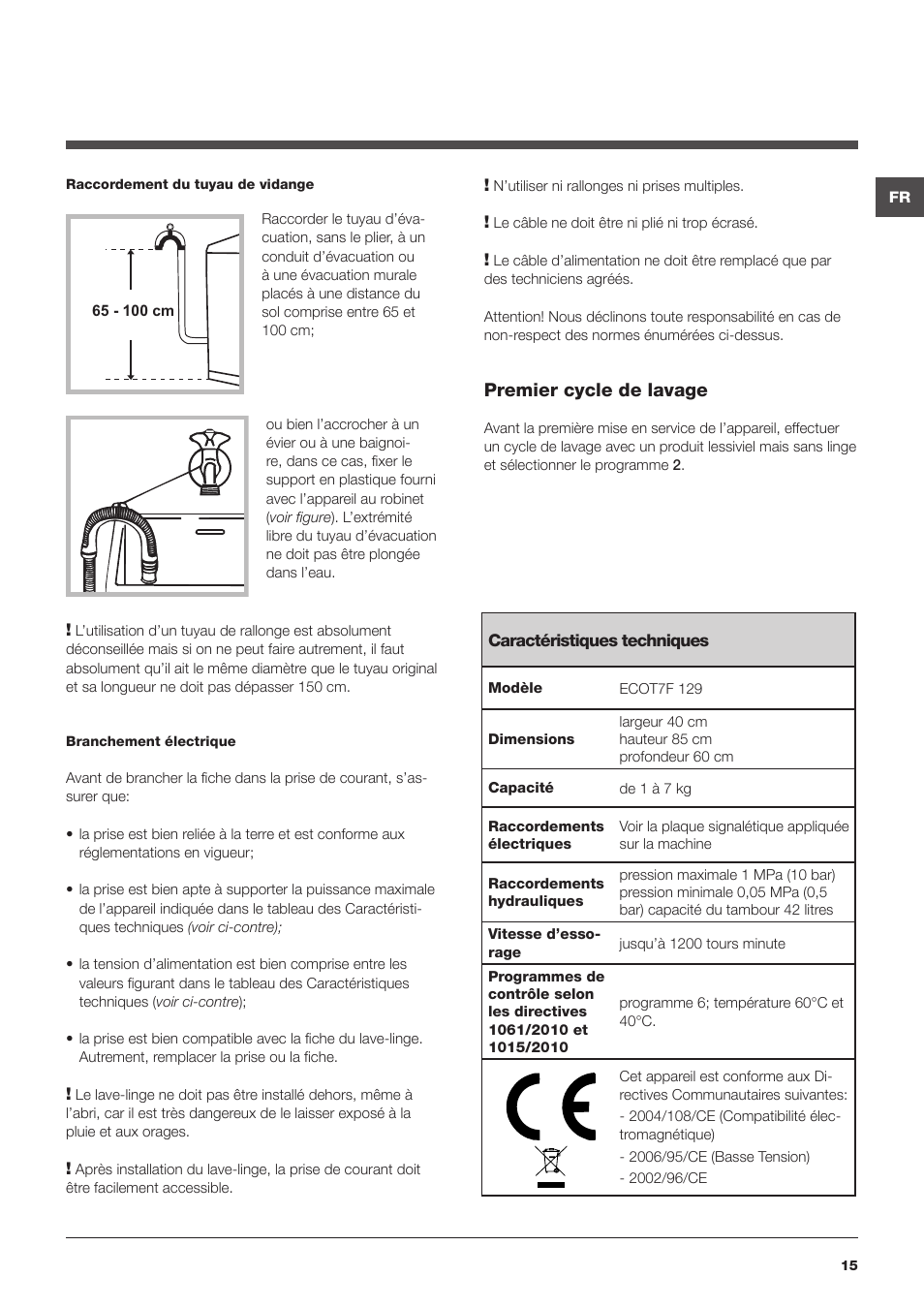 Premier cycle de lavage | Hotpoint Ariston Top loading ECOT7F 129 (EU) User Manual | Page 15 / 72