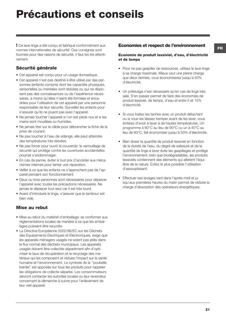 Précautions et conseils | Hotpoint Ariston Top loading ECOT7F 129 (EU) User Manual | Page 21 / 72