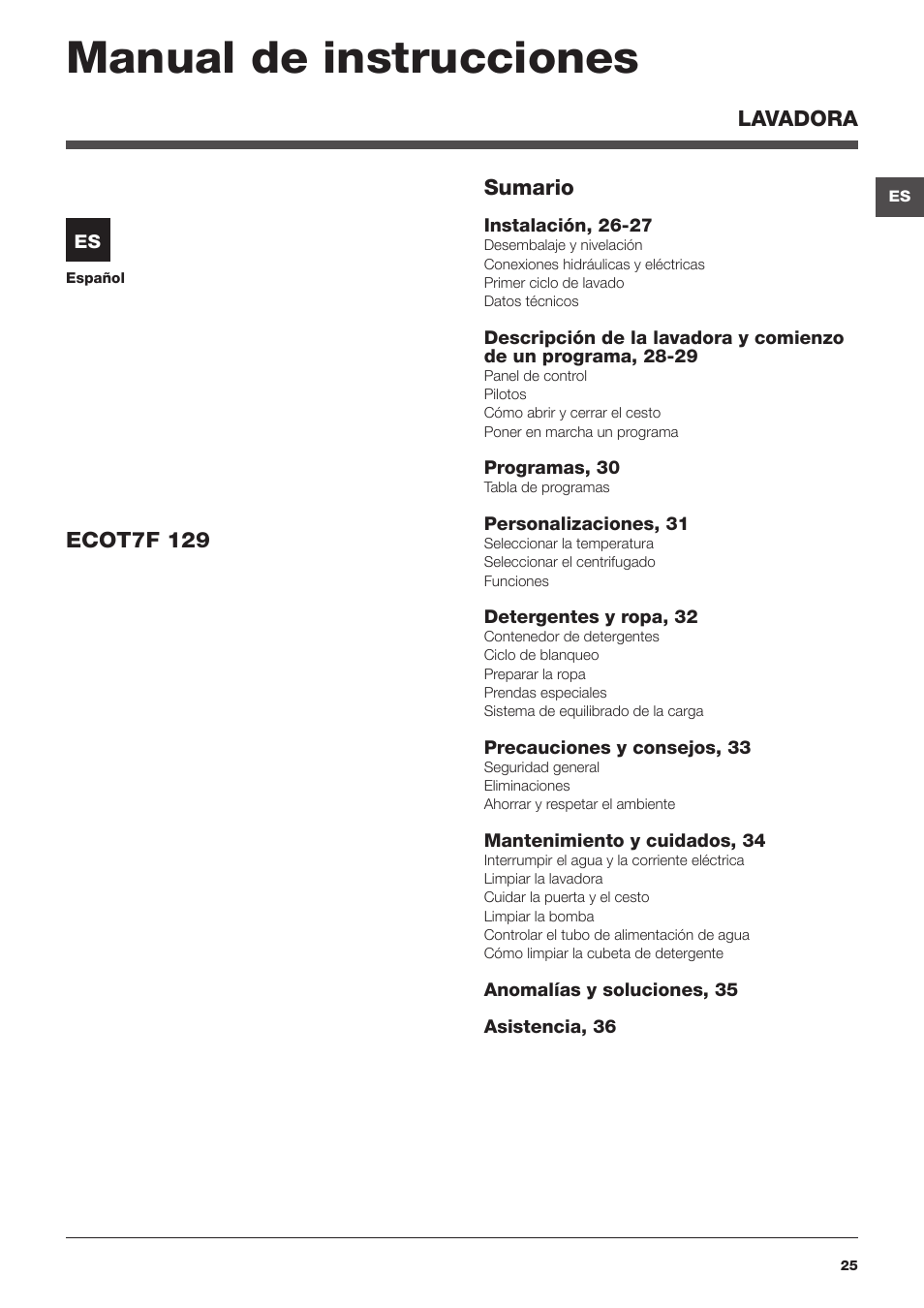 Manual de instrucciones | Hotpoint Ariston Top loading ECOT7F 129 (EU) User Manual | Page 25 / 72
