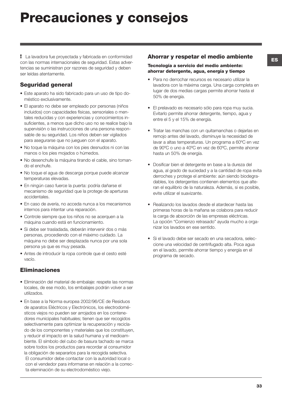 Precauciones y consejos | Hotpoint Ariston Top loading ECOT7F 129 (EU) User Manual | Page 33 / 72