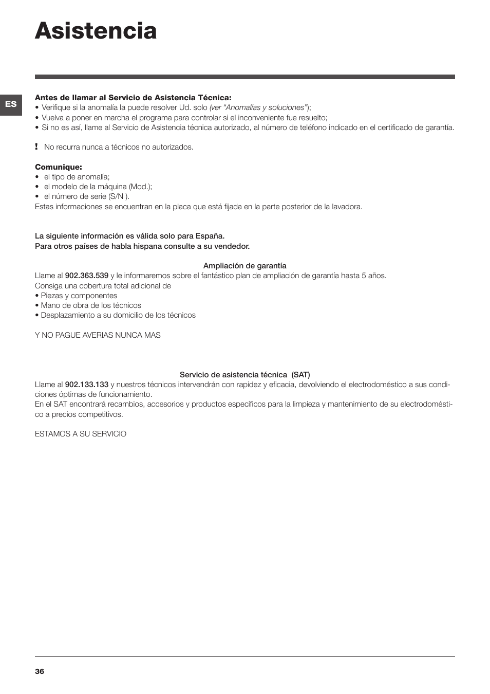 Asistencia | Hotpoint Ariston Top loading ECOT7F 129 (EU) User Manual | Page 36 / 72