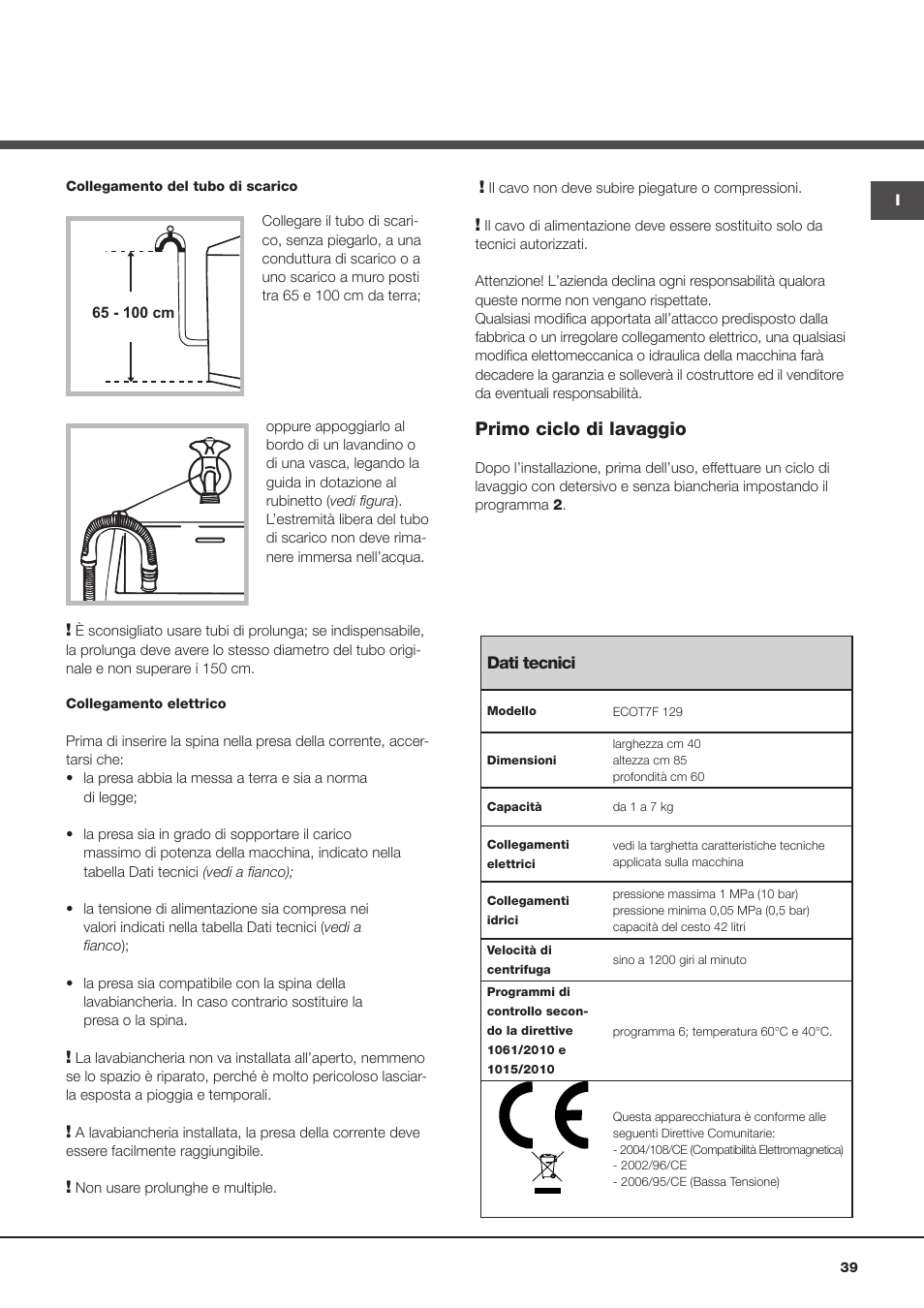 Primo ciclo di lavaggio | Hotpoint Ariston Top loading ECOT7F 129 (EU) User Manual | Page 39 / 72