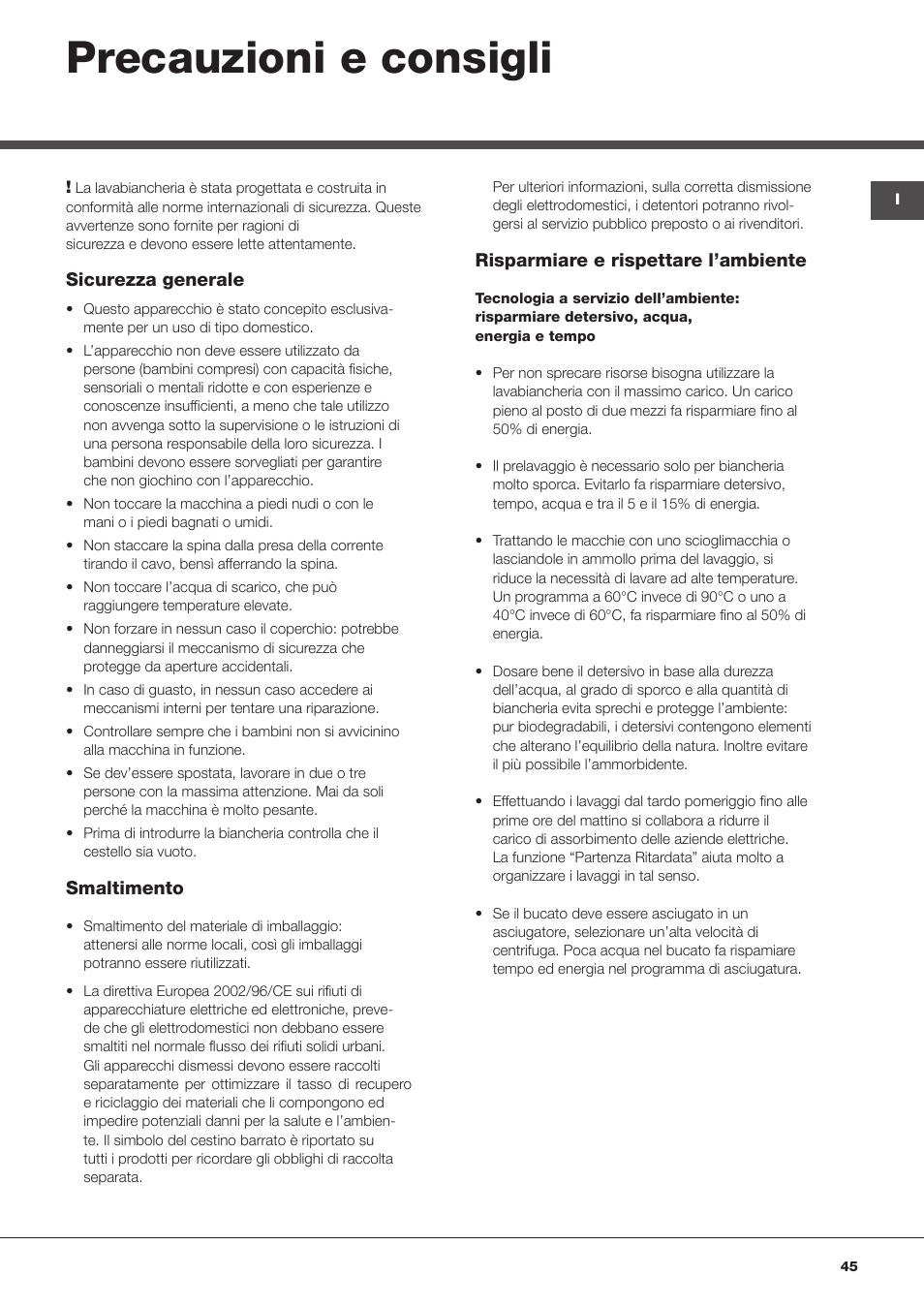 Precauzioni e consigli | Hotpoint Ariston Top loading ECOT7F 129 (EU) User Manual | Page 45 / 72