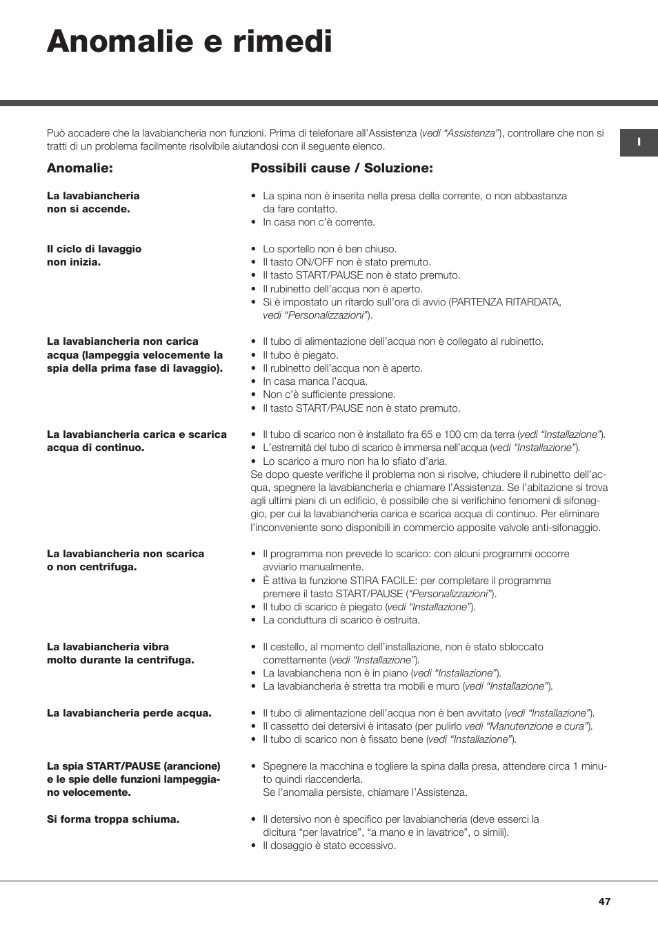 Anomalie e rimedi | Hotpoint Ariston Top loading ECOT7F 129 (EU) User Manual | Page 47 / 72