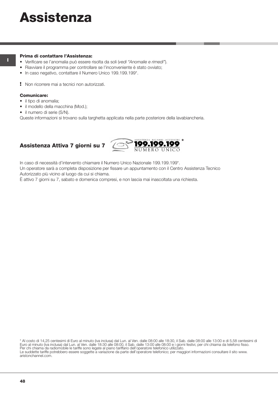 Assistenza | Hotpoint Ariston Top loading ECOT7F 129 (EU) User Manual | Page 48 / 72
