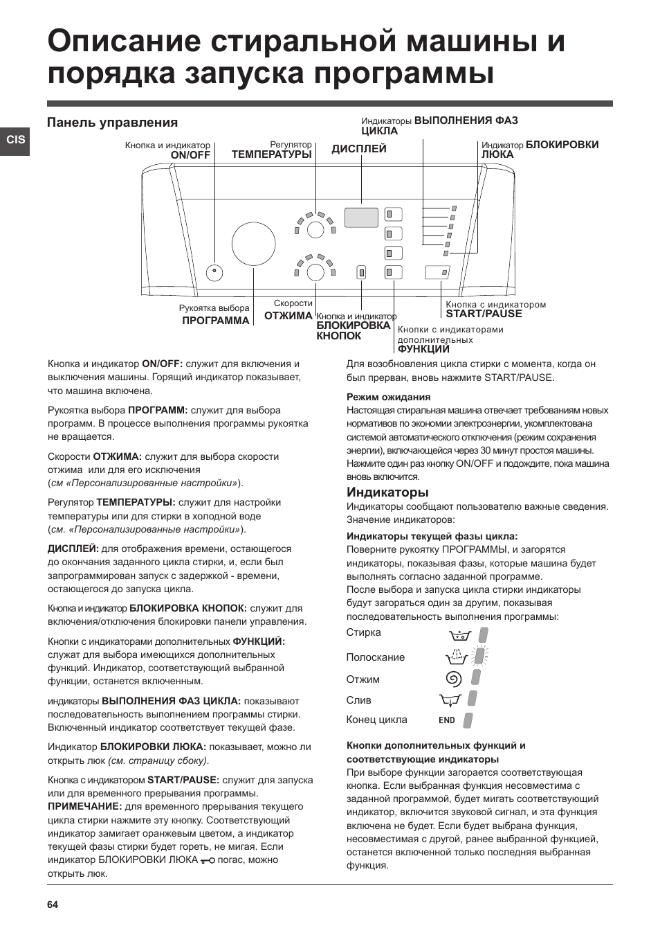 Панель управления, Индикаторы | Hotpoint Ariston Top loading ECOT7F 129 (EU) User Manual | Page 64 / 72