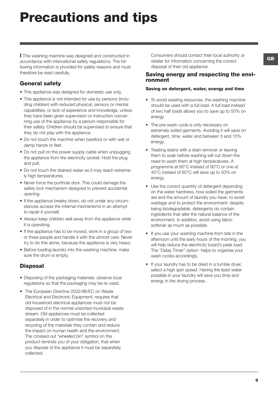 Precautions and tips | Hotpoint Ariston Top loading ECOT7F 129 (EU) User Manual | Page 9 / 72