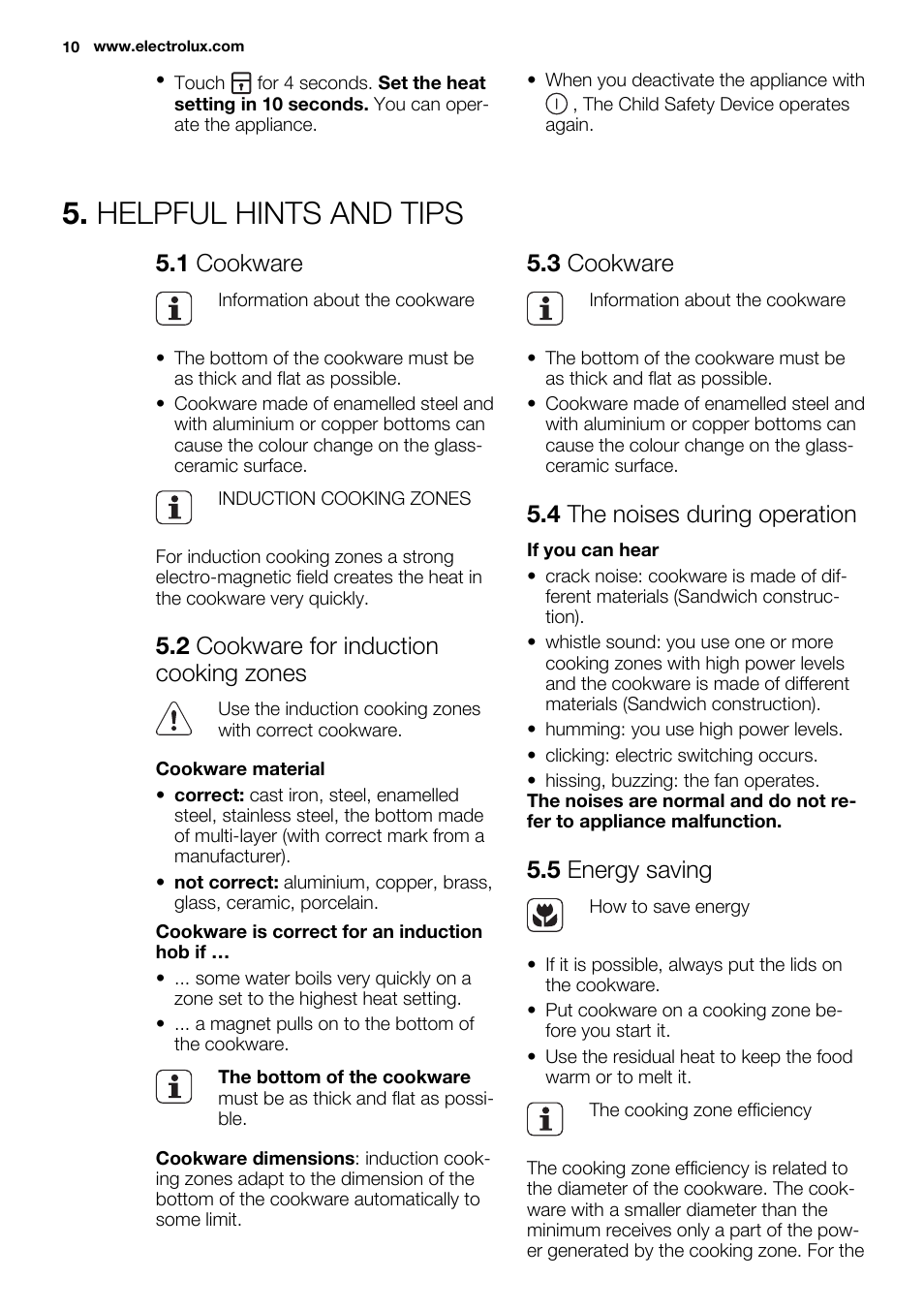 Helpful hints and tips, 1 cookware, 2 cookware for induction cooking zones | 3 cookware, 4 the noises during operation, 5 energy saving | Electrolux EHG6341FOK User Manual | Page 10 / 84