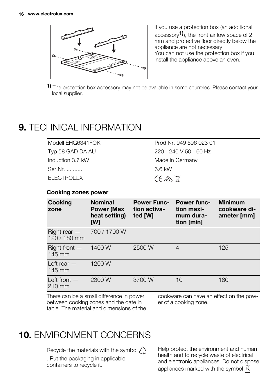Technical information, Environment concerns | Electrolux EHG6341FOK User Manual | Page 16 / 84