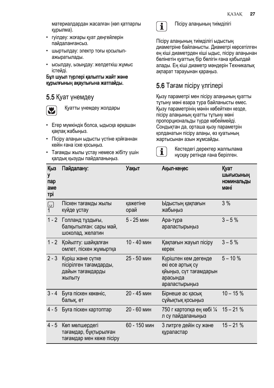 5 қуат үнемдеу, 6 тағам пісіру үлгілері | Electrolux EHG6341FOK User Manual | Page 27 / 84